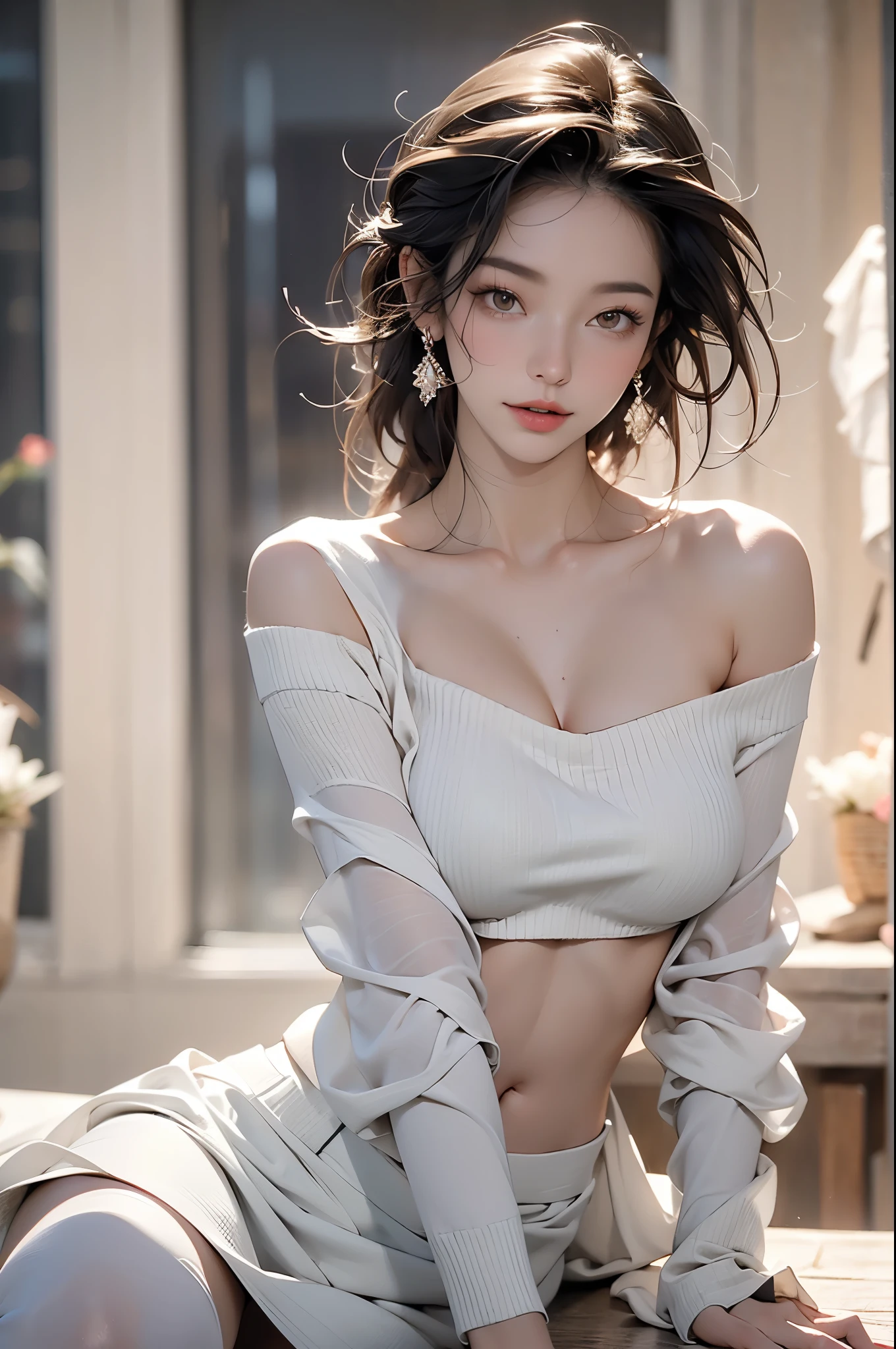 national foundation，best quality，masterpiece，ultra high resolution，(photo real:1.3)，8k，original photo，1 girl，Exterior，巴黎世家model， (off shoulder sweater, crop top, long-sleeves sweater), wearing a white skirt，Huge cleavage，Full body female love，Photoshop，Fashion，simple background，natural skin texture，model，natural skin texture，dynamic poses，film grain，Naked trench (huge breasts:1.2),wet skin（（rogue））Cool atmosphere