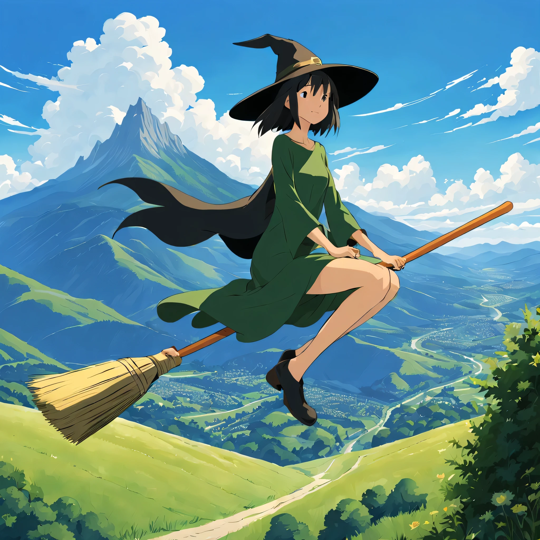 ((((Flying Witch))),((Hold the broom between your inner thighs:magic:rides:Flight)),Sit on a broom,Ride a broom,Straddling a broom,fantasy,beautiful light and shadow,be familiar with,((landscape:blue sky:summer)),A fresh green mountain below々,summerの日差し,anatomically correct,masterpiece,perfect face,cute