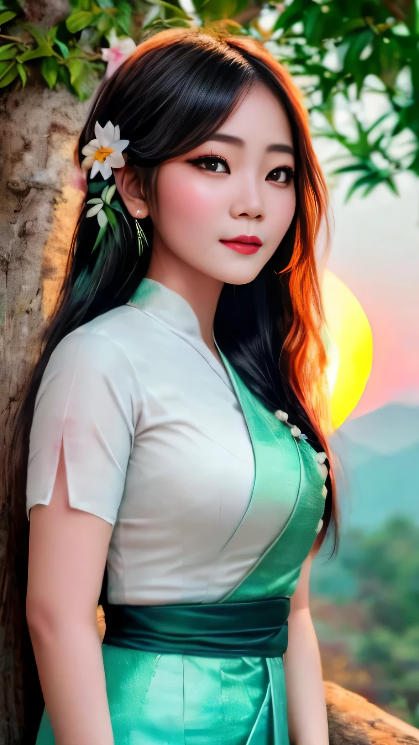 A photorealistic portrait of a stunningly beautiful Myanmar lady with long, flowing black hair adorned with traditional jasmine flowers. Bathed in the warm glow of the setting sun, (best quality,8k,ultra detailed, top quality,masterpiece:1.2), Burmese girl, exquisite face