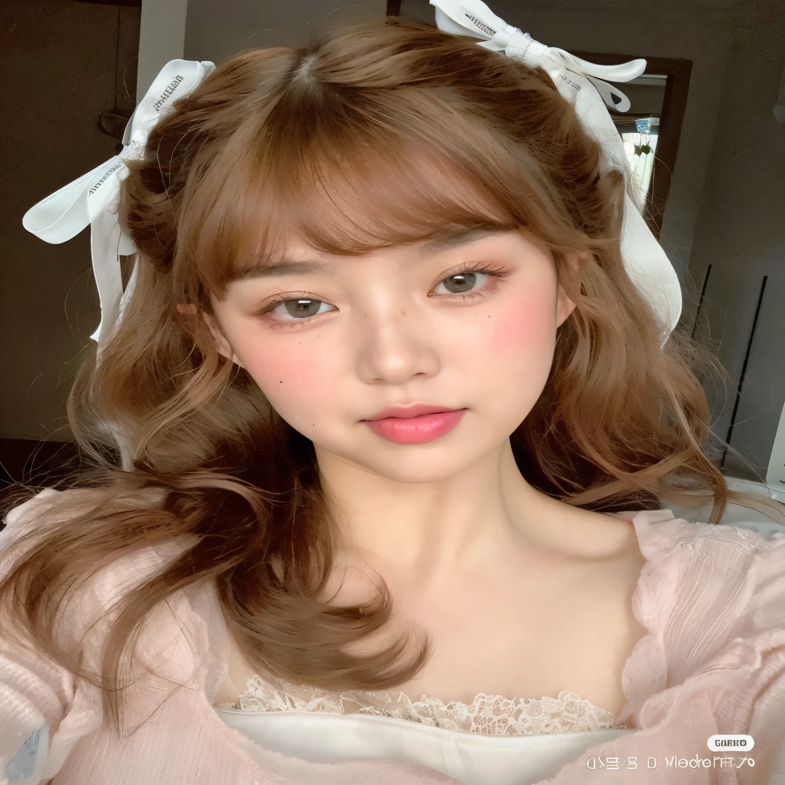 un primer plano de una mujer con un lazo blanco en la cabeza, ulzzang, Lalisa Manobal, maquillaje popular de corea del sur, maquillaje coreano popular, linda cara de anime natural, preciosa cara delicada, joven y adorable rostro coreano, retrato realista kawaii, flequillo esponjoso, cabello limpio con flequillo, brown bangs, pale korean adorable face, brown hair with bangs