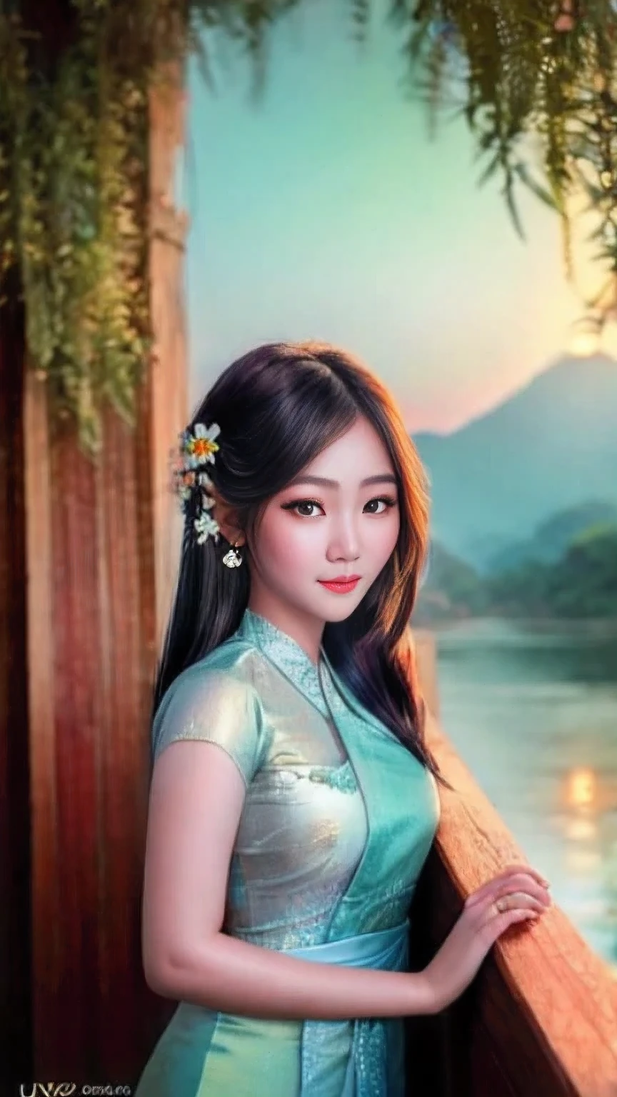 A photorealistic portrait of a stunningly beautiful Myanmar lady with long, flowing black hair adorned with traditional jasmine flowers. Bathed in the warm glow of the setting sun, (best quality,8k,ultra detailed, top quality,masterpiece:1.2), Burmese girl, exquisite face