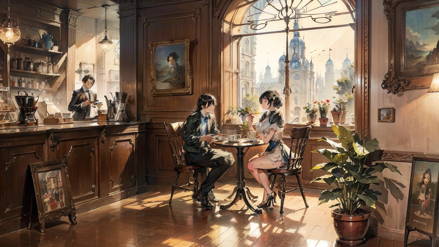 masterpiece, highest quality, very delicate and beautiful, Super fine, Haile, very elaborate, figure, realistic, coffee shop, retro,antique