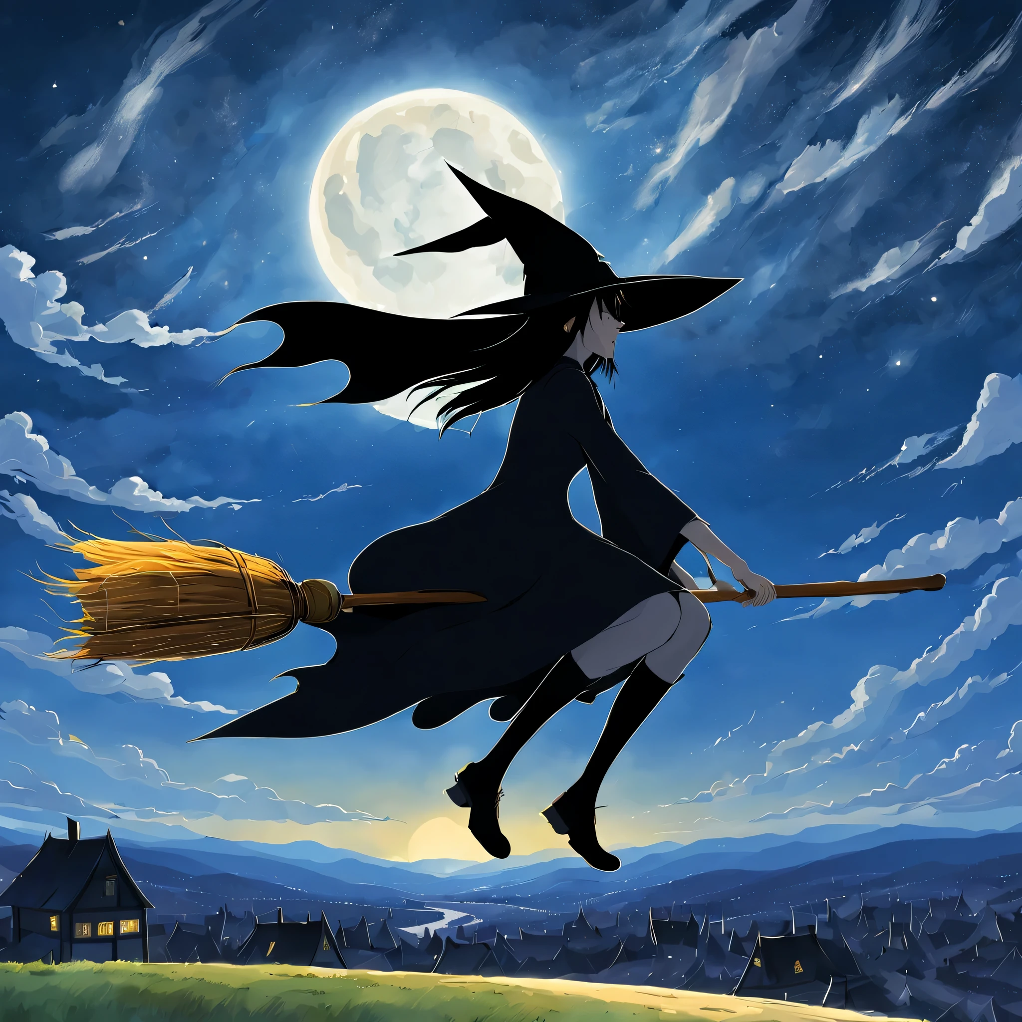 ((((Flying Witch))),((Hold the broom between your inner thighs:magic:rides:Flight)),Sit on a broom,Ride a broom,Straddling a broom,fantasy,beautiful light and shadow,be familiar with,((landscape:night sky)),,anatomically correct,masterpiece