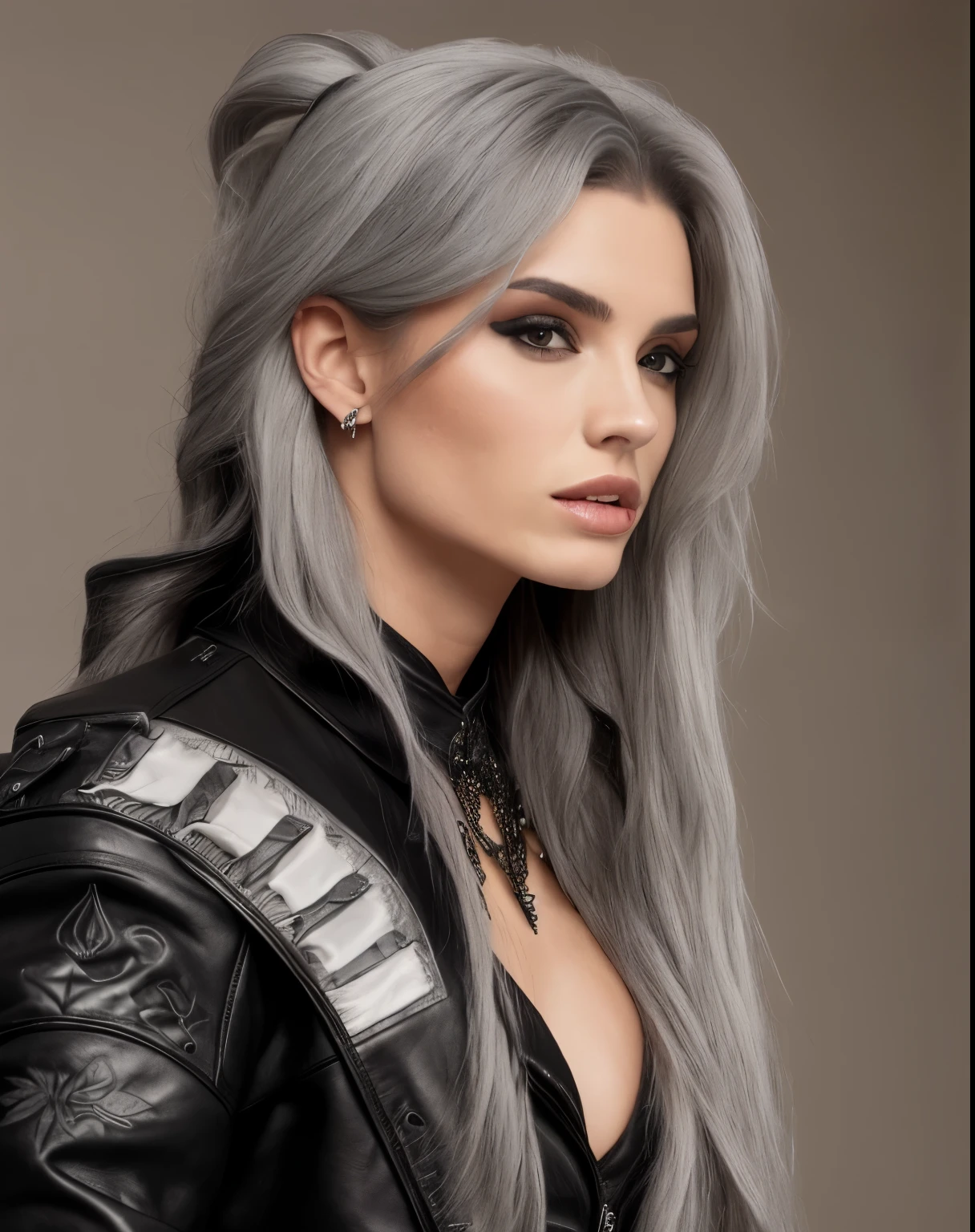 a woman with long gray hair and a black top, buetifull, wearing black leather jacket, pale skin, 