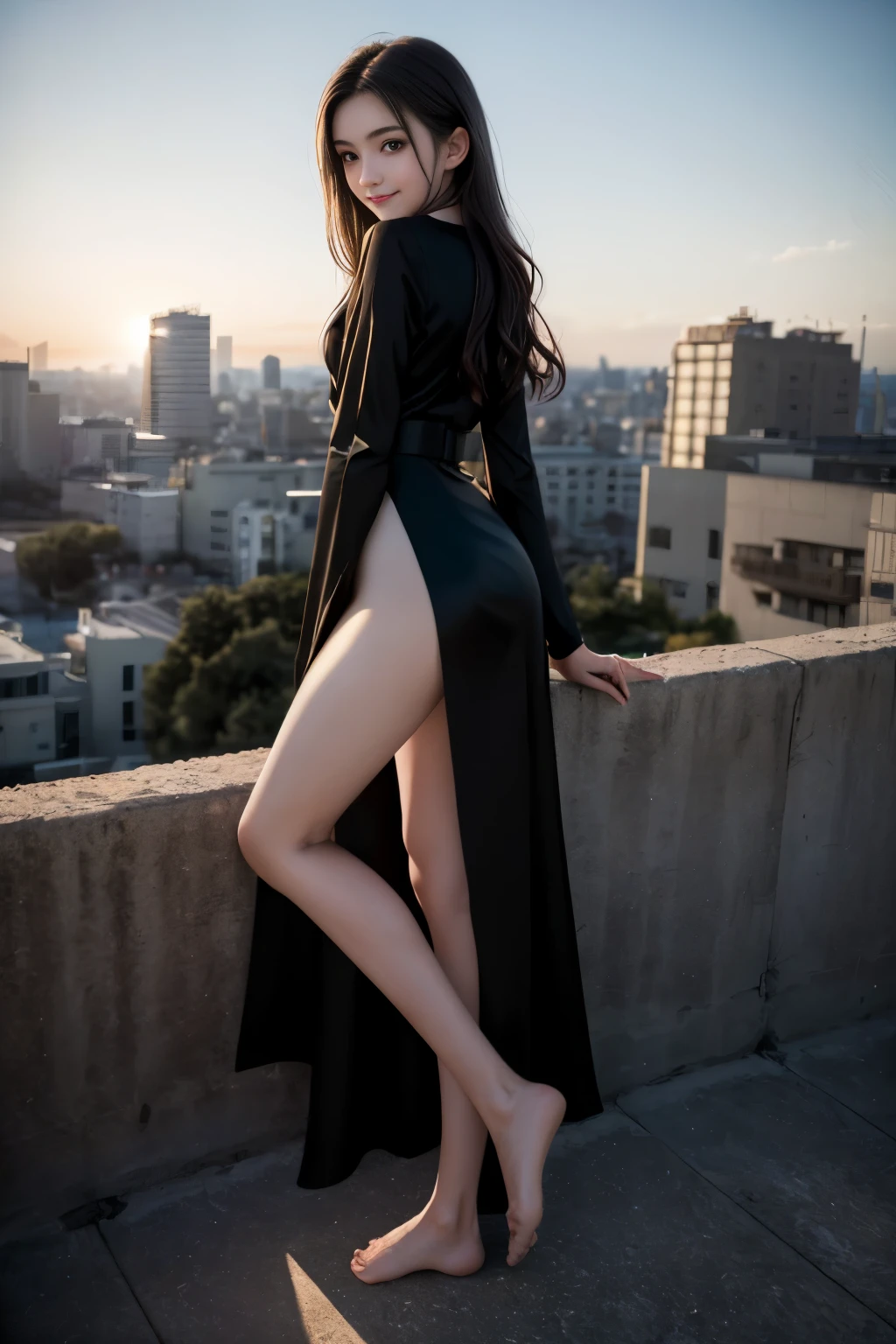 masterpiece, best quality, hyperrealistic, cinematic photo, woman, pale skin, japanese amazing slim body, black priestess gown, bare foot, dark wings, wavy dark hair, large legs, wide hips, perfect hands, beautiful face, perfect face, pretty japanese, youthful, smile, (blured background), modern style, from below, (high-angle shoot), leaning forward, hands rising, (view viewer), looking back, (8k, epic composition, photorealistic, sharp focus), sophisticated background, small city at background, sunset, sunlight, dark halo, DSLR, foil grain