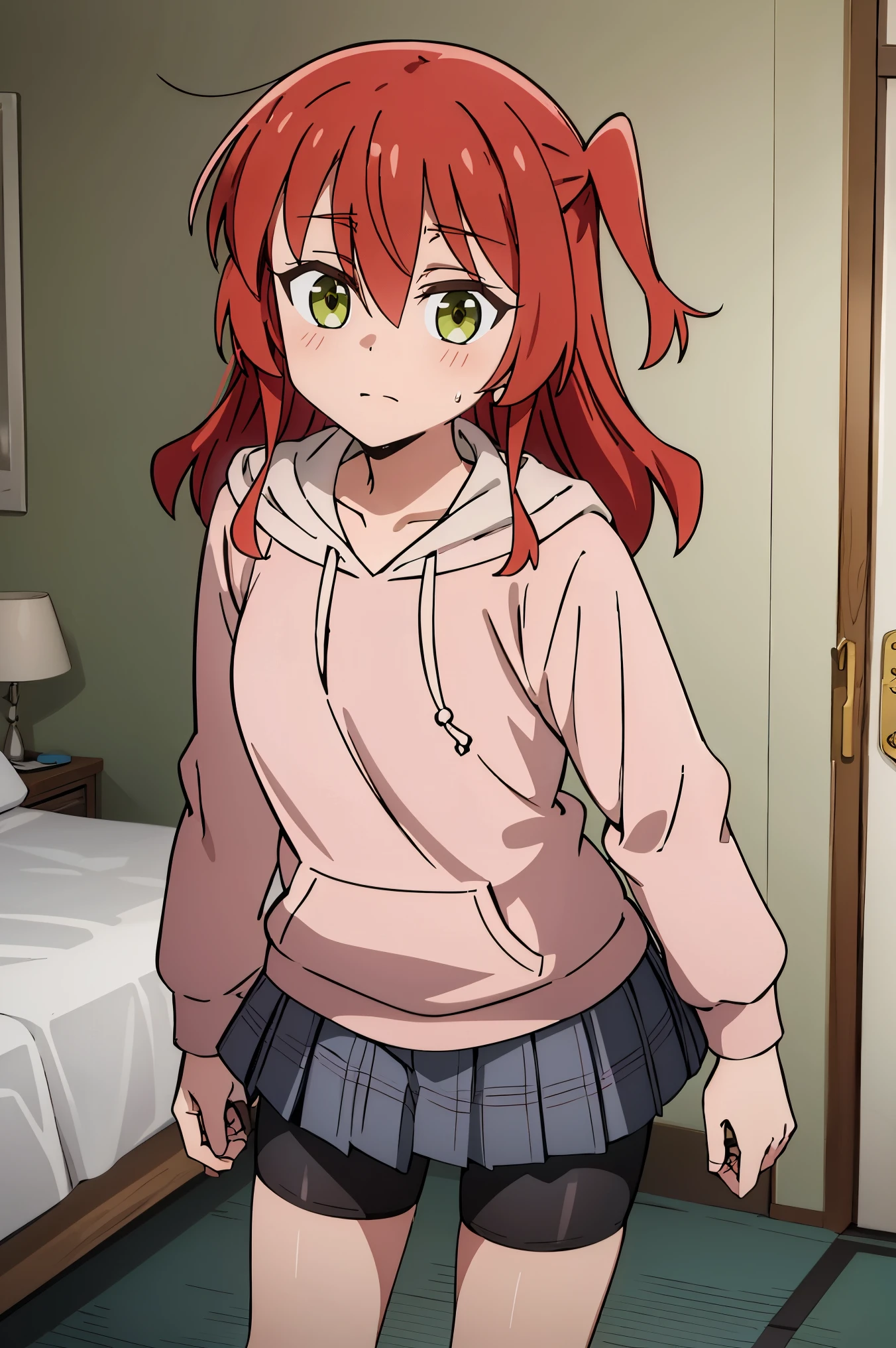 1 girl, hdr, ikuyo kita, red hair, one side up, long hair, green eyes, hoodie, pink hoodie, long sleeves, grey skirt, plaid skirt, bike shorts, standing, open mouth, looking at viewers, room, bedroom, bike shorts under skirt, 