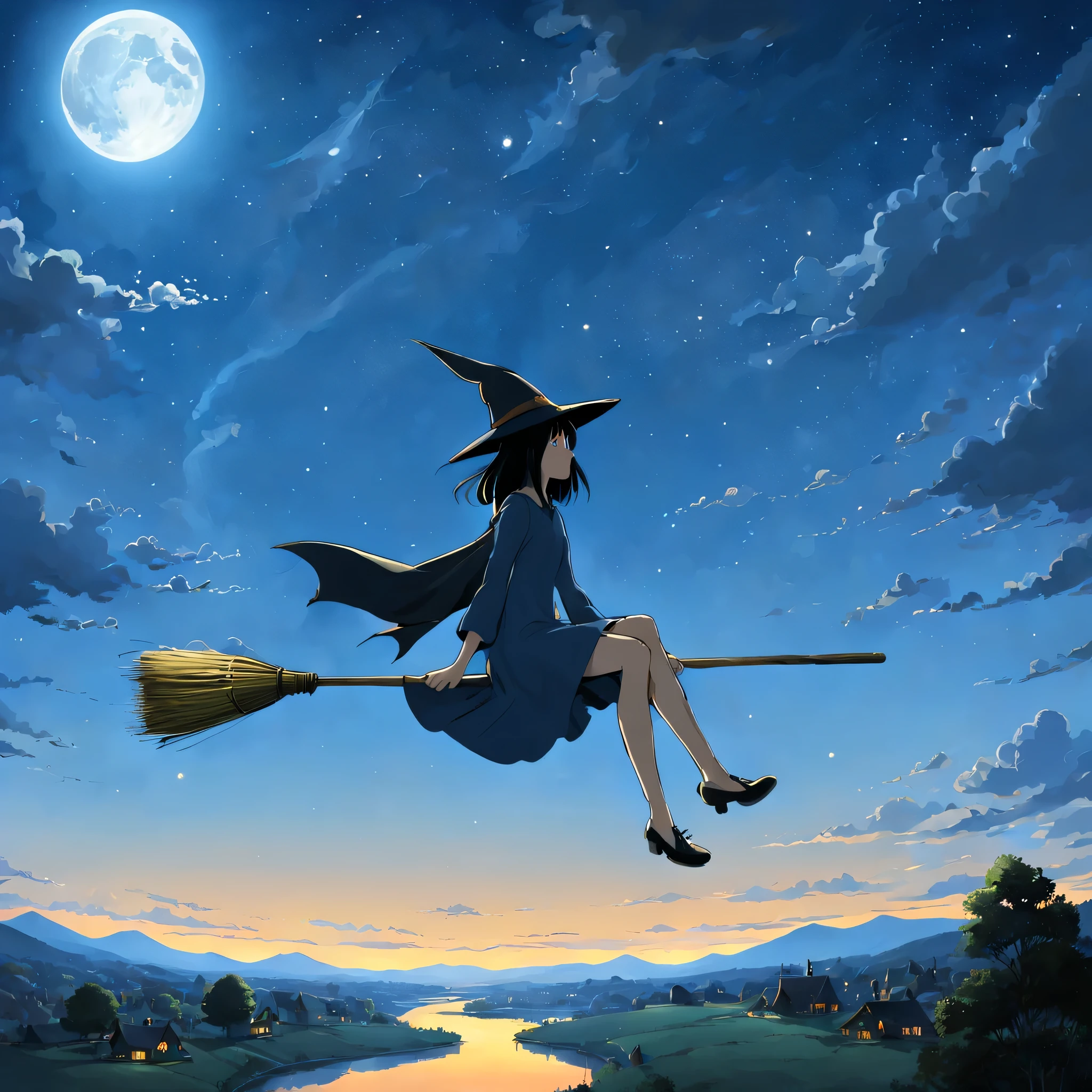 ((((Flying Witch))),((Hold the broom between your inner thighs:magic:rides:Flight)),Sit on a broom,Ride a broom,Straddling a broom,fantasy,beautiful light and shadow,be familiar with,((landscape:night sky)),,anatomically correct,masterpiece