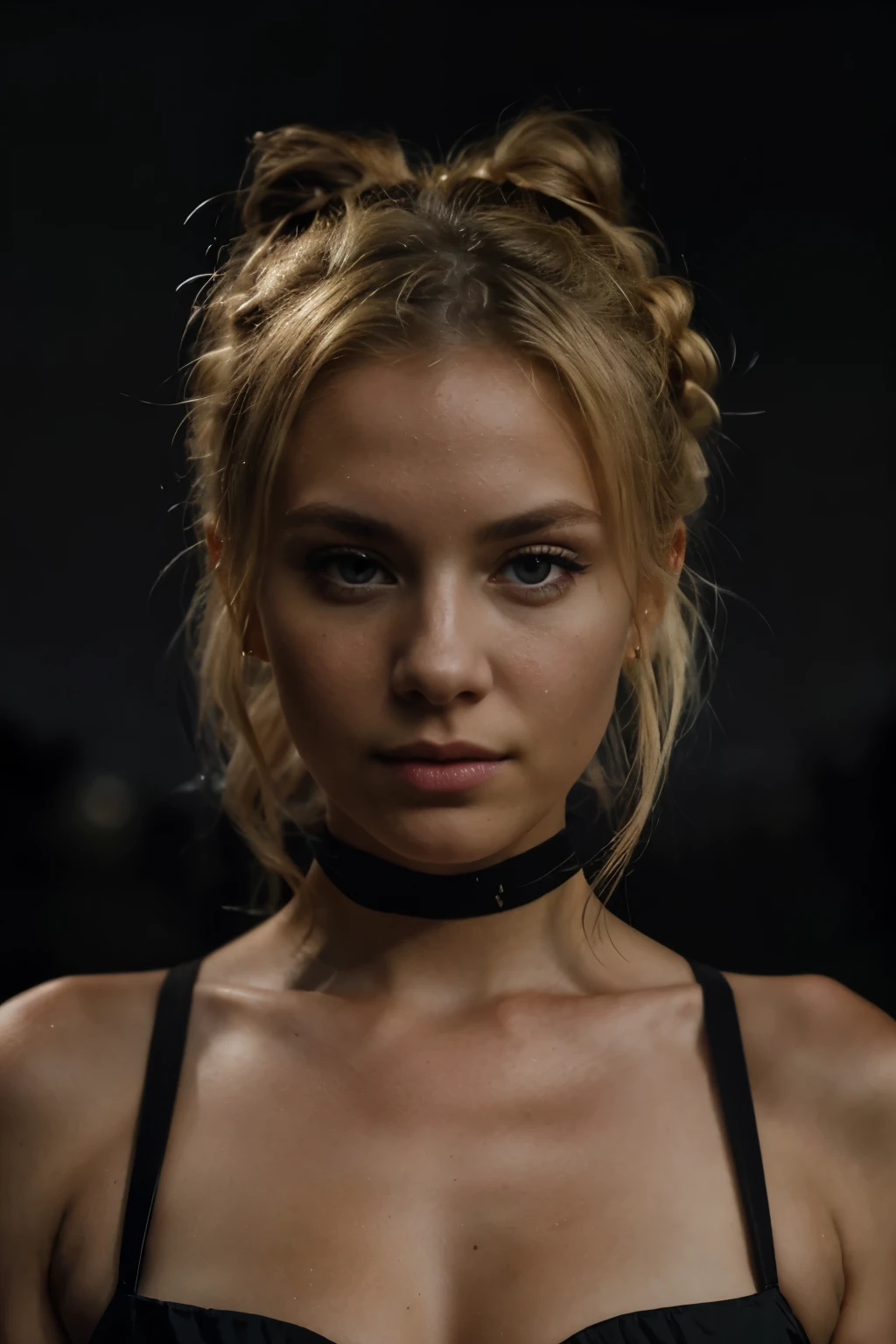 An eye contact of a blonde with a bun and dark theme
