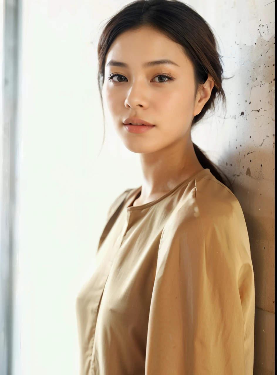 a Chinese beautiful woman, in gray dress, dark mood.