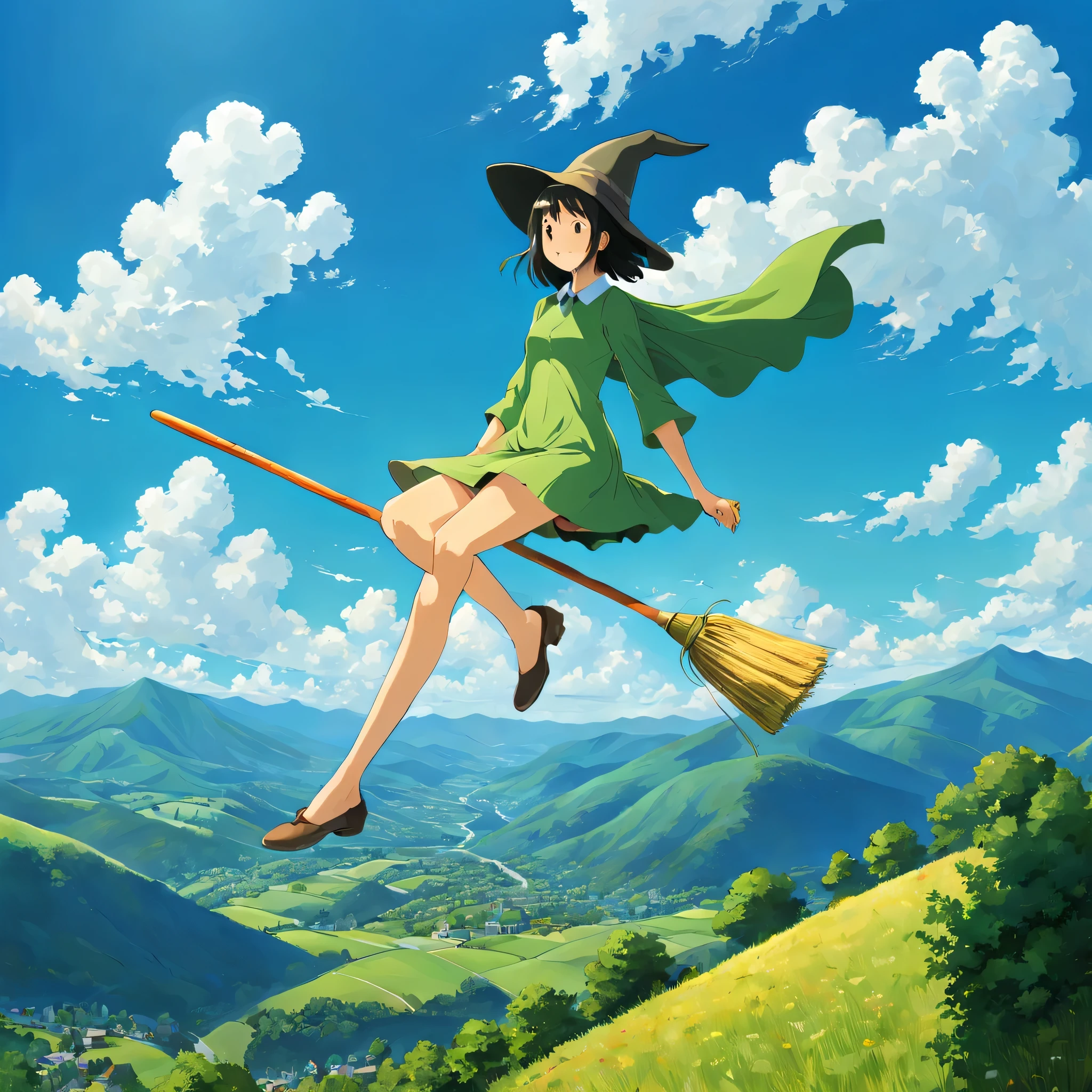 ((((Flying Witch))),((Hold the broom between your inner thighs:magic:rides:Flight)),Sit on a broom,Ride a broom,Straddling a broom,fantasy,beautiful light and shadow,be familiar with,((landscape:blue sky:summer)),A fresh green mountain below々,summerの日差し,anatomically correct,masterpiece