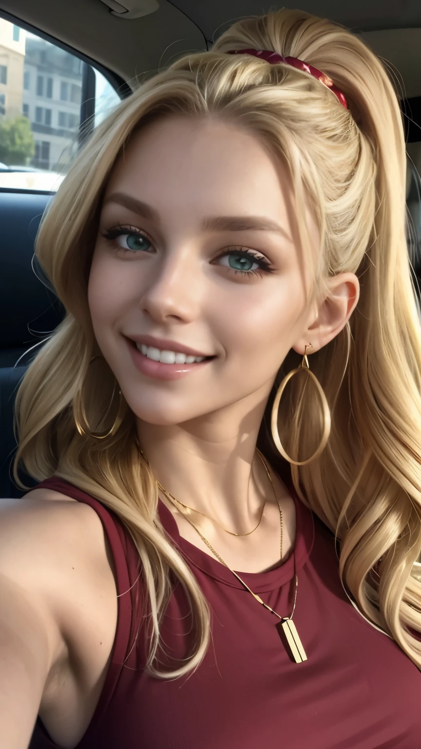 Caucasian woman, green eyes, lined eyes, blonde hair, hair with brown roots, wavy hair, long hair, hair with a ponytail, red painted mouth, smile, gold earrings, gold necklace, athletic body, (top texture), earrings, in car, focus on face, selfie pose, frontal shot.