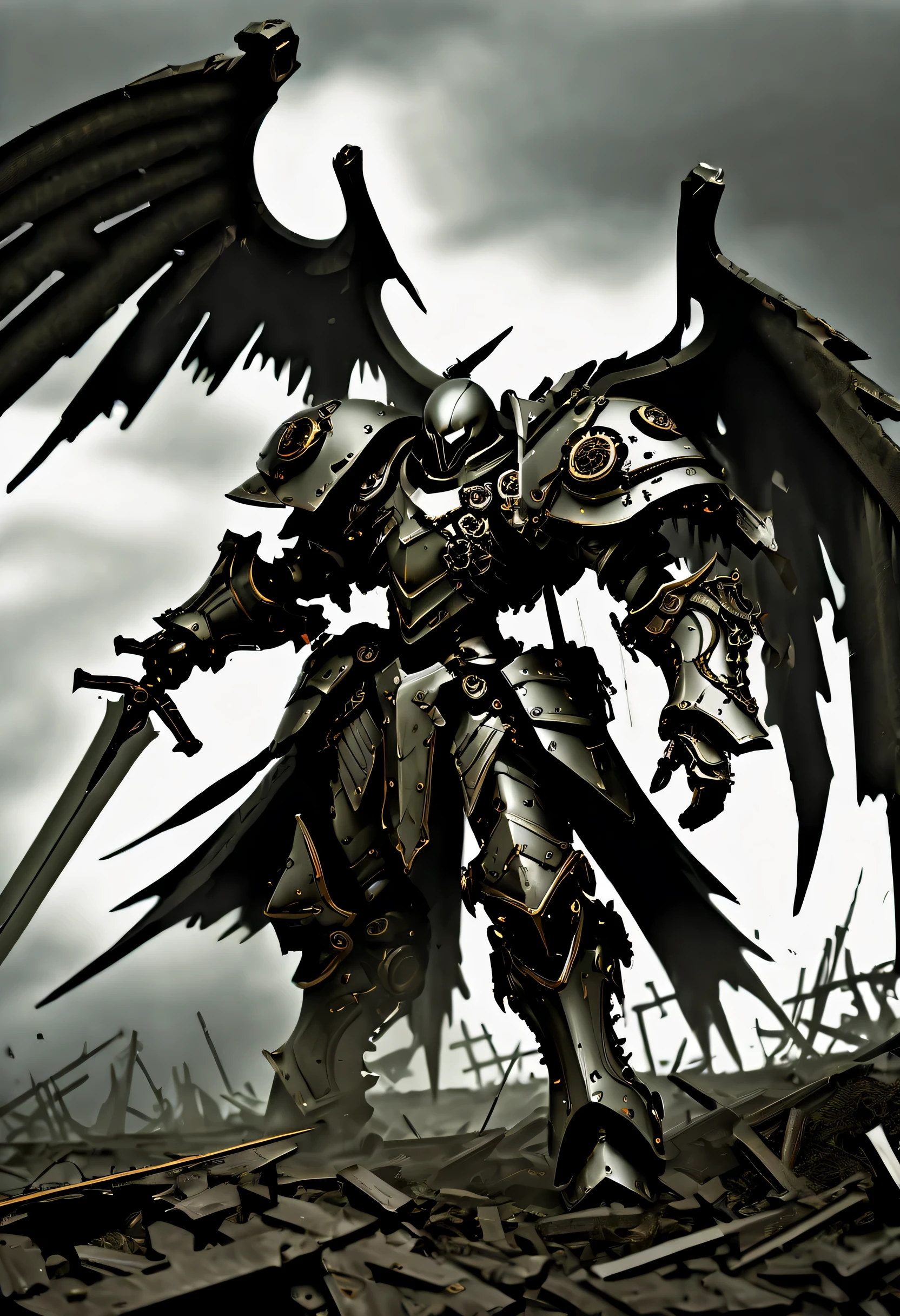 (((perfectly made、Beautiful mechanical warrior:1.3))), (((stunning mechanical armor:1.4))), (((optically glowing eyes:1.2))), In the wind, On a devastated battlefield, The presence of the god of death hangs heavily in the air., intricate details, Stylish and delicate brush strokes, Perfect skin makes you a warrior, Cool, stylish essence and complexity, Top quality full body shots, Like an illustration photo, Immerse yourself in a steampunk world of visually descriptive details, Impeccable artwork and top-quality execution raise the bar, sickle ready, Mastery and Attention Shoulder Shield Details, A rippling tattered cloak, Added dark fantasy elements, Backgrounds full of unforgettable details, The destruction and despair that occurred, (((the darkest and most gruesome picture:1.1))), (The essence of death and desolation and the gloomy atmosphere:1.1), A hauntingly beautiful depiction of the aftermath of war.,