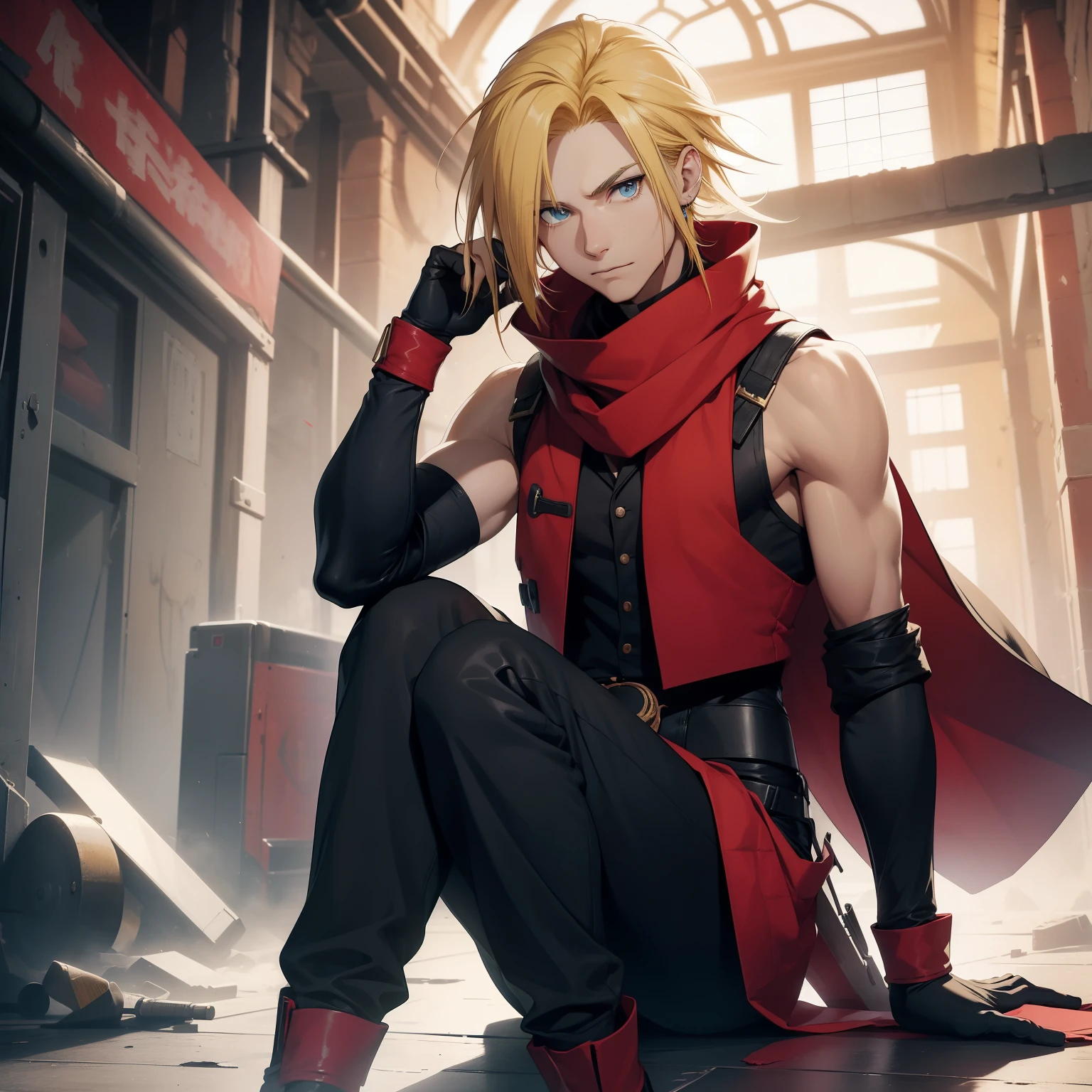 (26 years old), (male), Yellow hair, (Blue eyes), (Shoulder-length hair), red scarf, red vest, sleeveless, black pants, black gloves, slim, up to legs, Ga