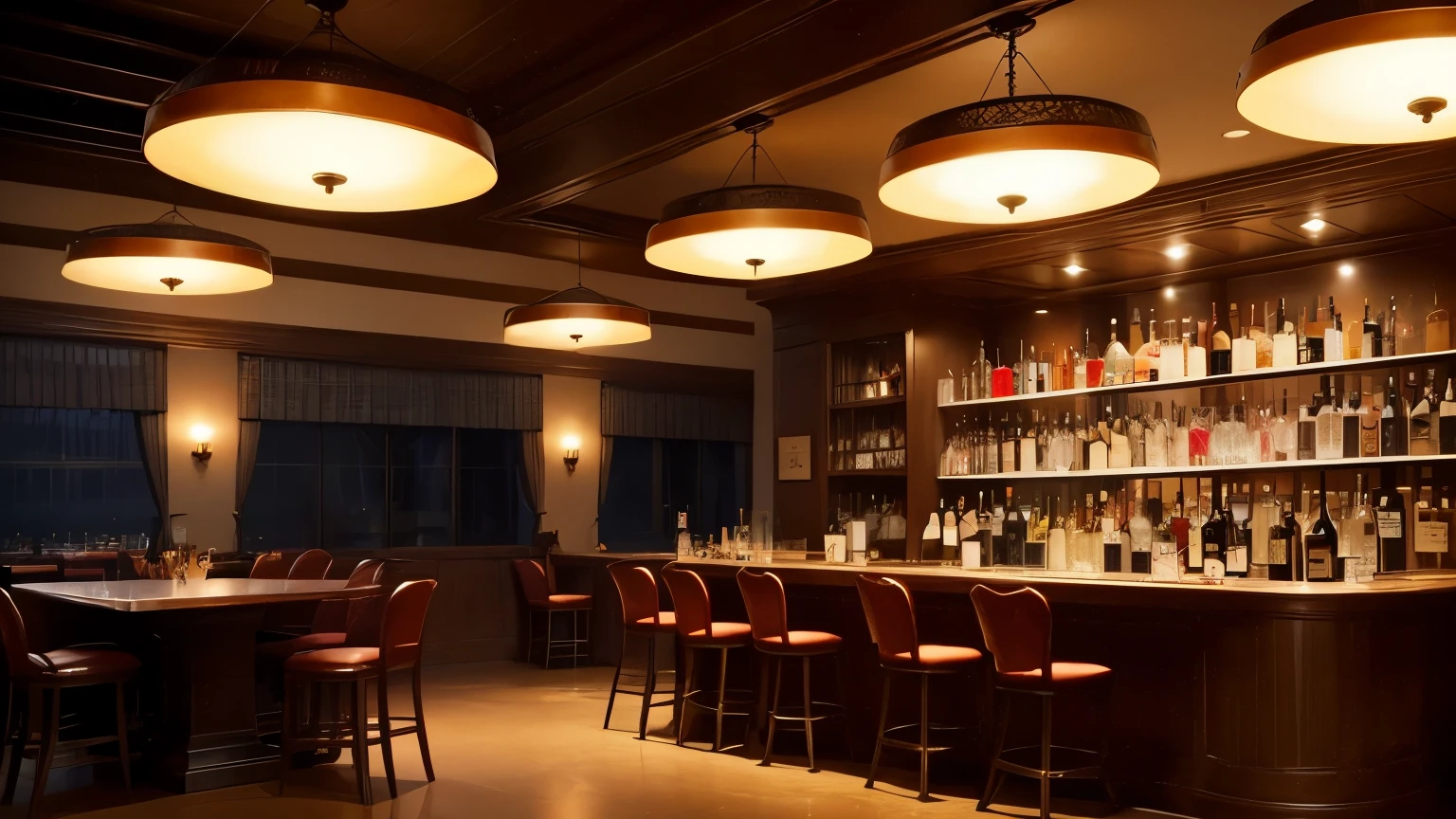 Flair Cocktail Bar Antiques, no signs, no text, lots of trees, and ((ステージandマイク)), At night, Low illumination, There are no people, light fog, overhead lighting stage, concept art, American Propaganda Posters, movie lighting, f/16, 16k