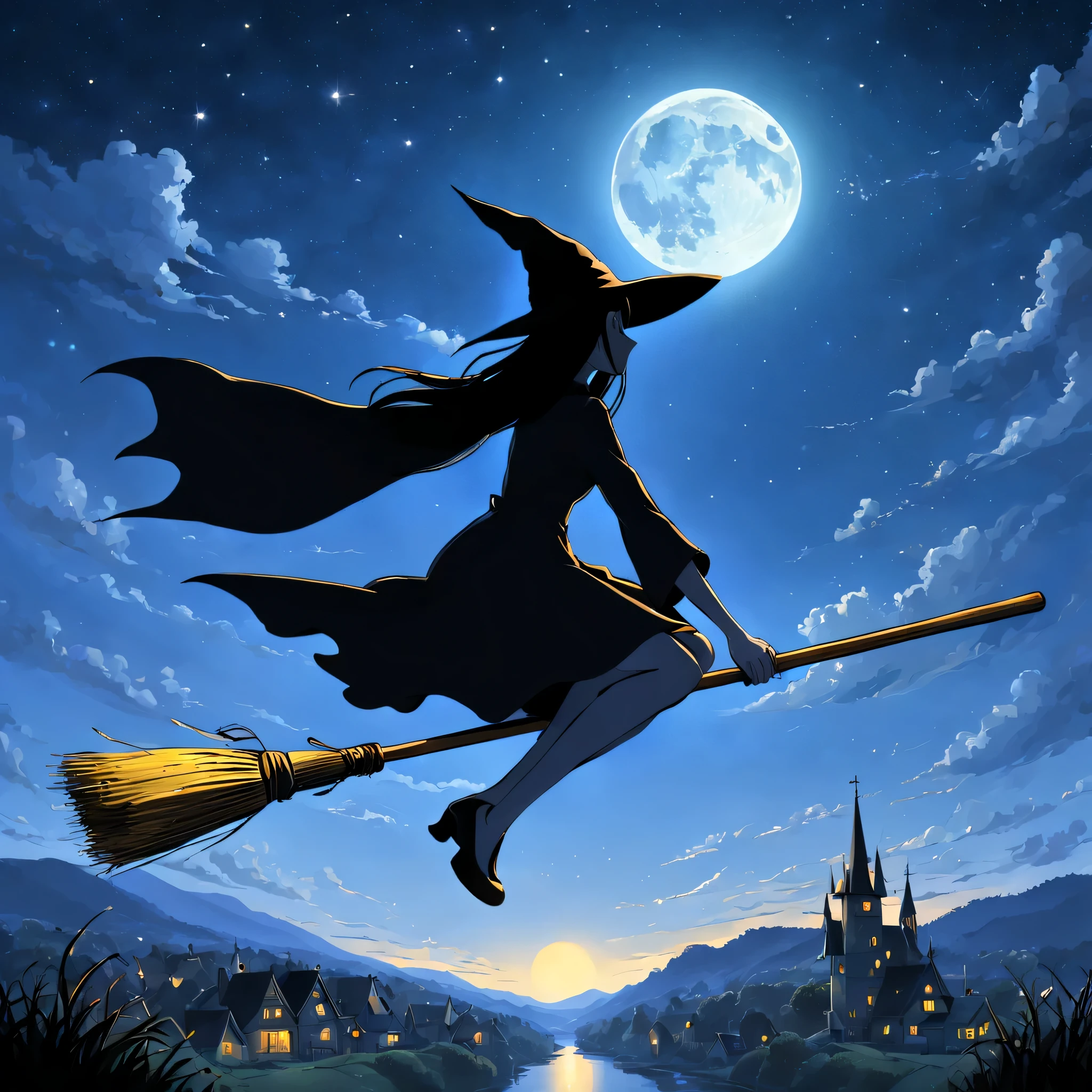 ((((Flying Witch))),((Hold the broom between your inner thighs:magic:rides:Flight)),Sit on a broom,Ride a broom,Straddling a broom,fantasy,beautiful light and shadow,be familiar with,((landscape:night sky)),,anatomically correct,masterpiece