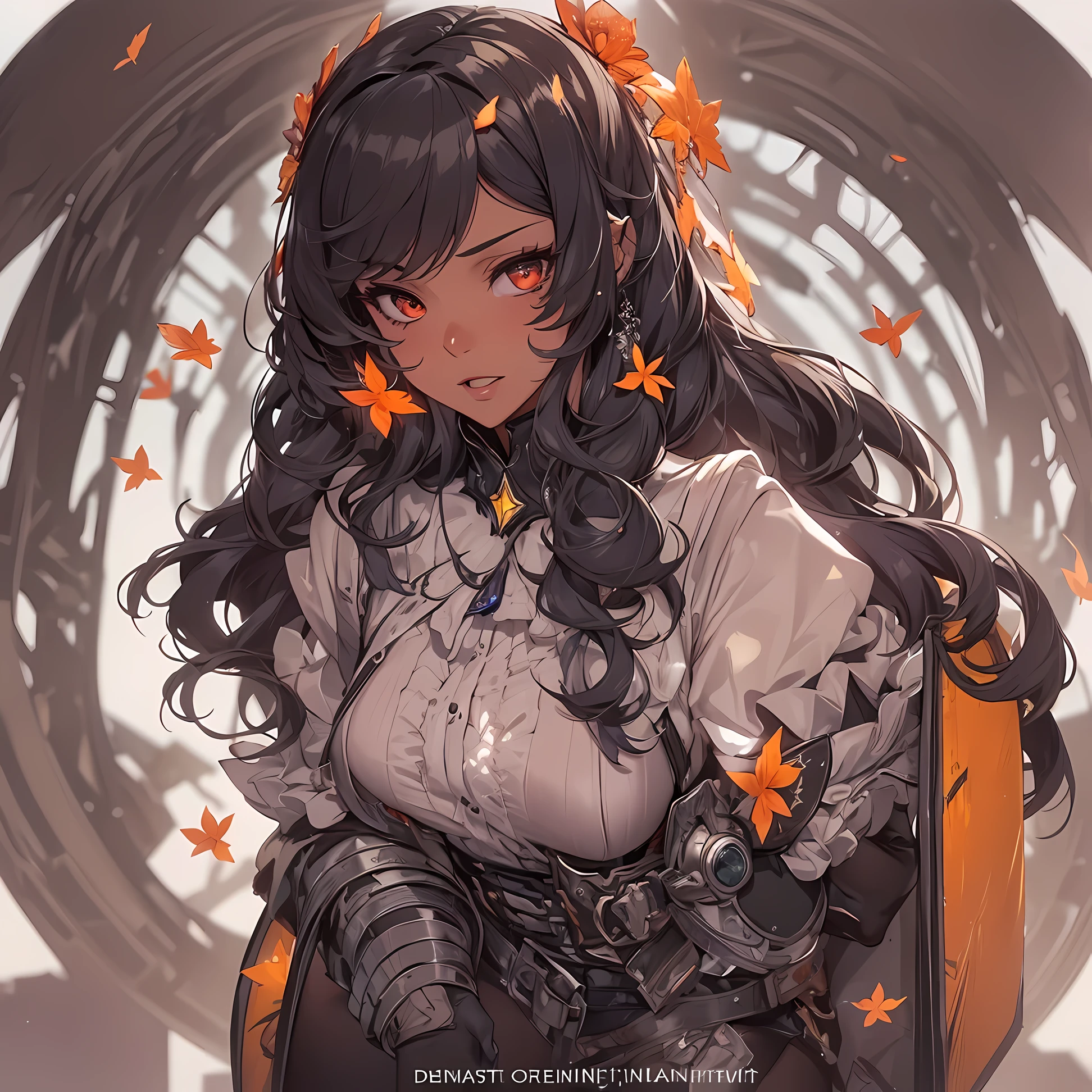 ((Masterpiece, Highest quality)), Detailed face, CharacterDesignSheet, full bodyesbian, Full of details, Multiple poses and expressions, Highly detailed, Depth, Many parts,Beautiful spy,dark brown skin, Holding a shield,long black hair,red eyes, estilo fantasia,Orange caramel,Extremely beautiful,High Balance, Natural light, Lace,lacepantyhose,Galaxy décor,Star decoration