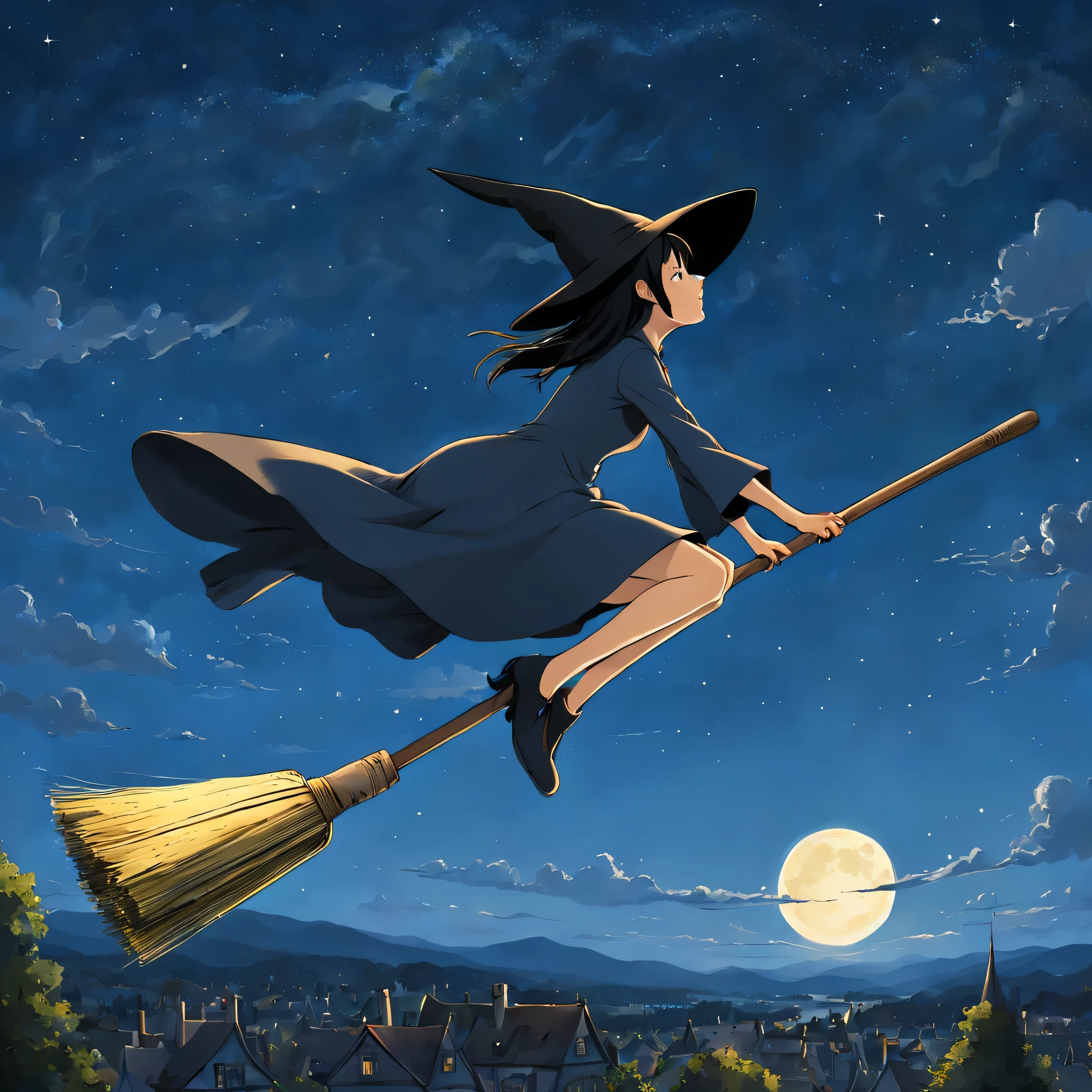 ((((Flying Witch))),((Hold the broom between your inner thighs:magic:rides:Flight)),Sit on a broom,Ride a broom,Straddling a broom,fantasy,beautiful light and shadow,be familiar with,((landscape:night sky)),,anatomically correct,masterpiece