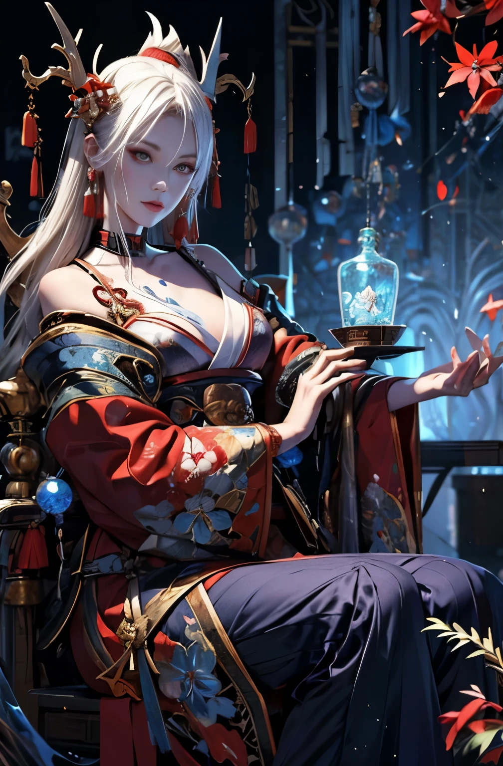 A very beautiful demon woman in a red kimono with a sword and sword, platinum blonde demon, knife剣を携えた鬼の女, cool beauty, quite beautiful face, sharp eyes, knife, 妖knife, knife, powerful female samurai, mouth with fangs, gambling, platinum blonde demon, Beautiful red kimono, Oiran, highest ranking woman, Ghost Girl, Female Yakuza, Doji Ibaraki, Sake Drinker Doji, A highly detailed painting by Yang J., Artstation contest winner, fantasy art, Onmyoji detailed art, lost run 8k, types of bacteria on artstation pixiv, types of bacteria. anime illustration, Onmyoji portrait, types of bacteria and ruan jia, onmyoji, best quality, perfect angle, perfect composition, best shot, official art, cinematic light, sharp outline, pretty much beautiful face, demon of kyoto, Lord of Chimi-Mourou, A ruthless demon woman, demon queen, Female Yakuza, full body tattoo, Danbilla, 妖knife, wide, Rashomon, SakuraFubuki