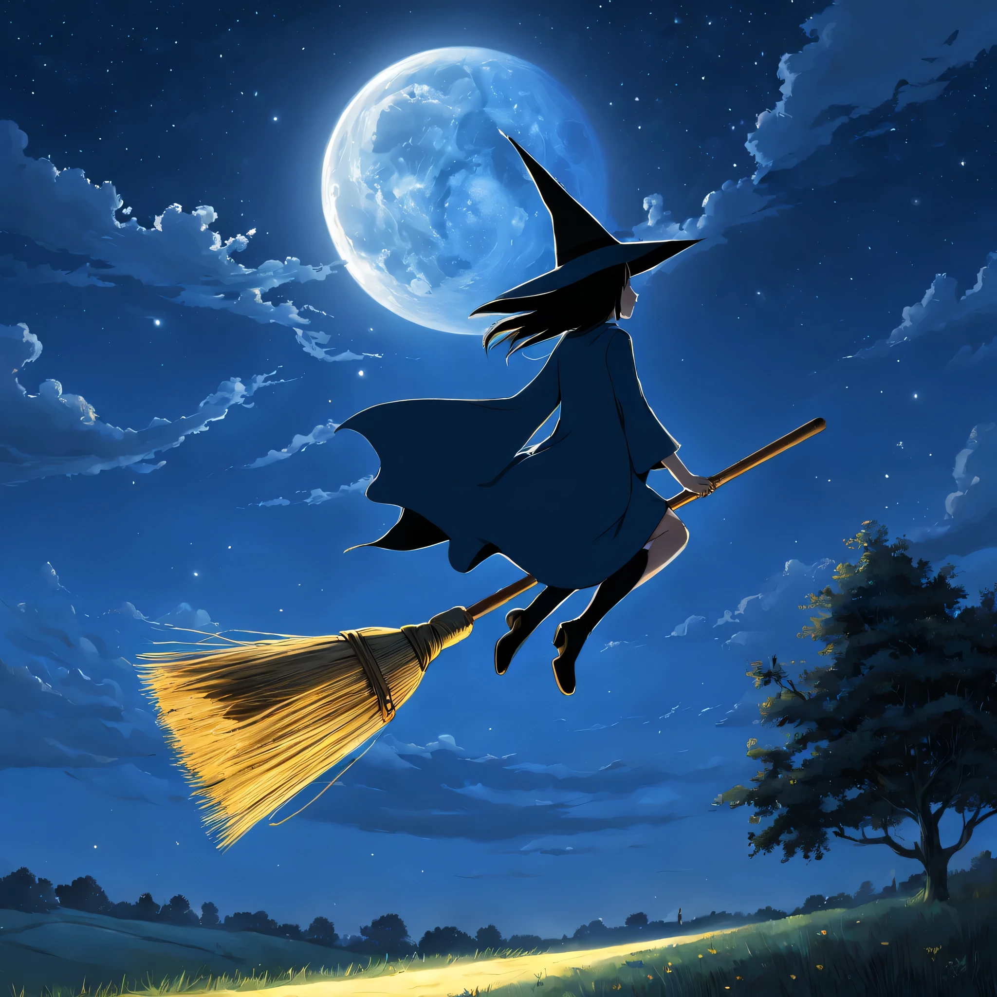 ((((Flying Witch))),((Hold the broom between your inner thighs:magic:rides:Flight)),Sit on a broom,Ride a broom,Straddling a broom,fantasy,beautiful light and shadow,be familiar with,((landscape:night sky)),,anatomically correct,masterpiece