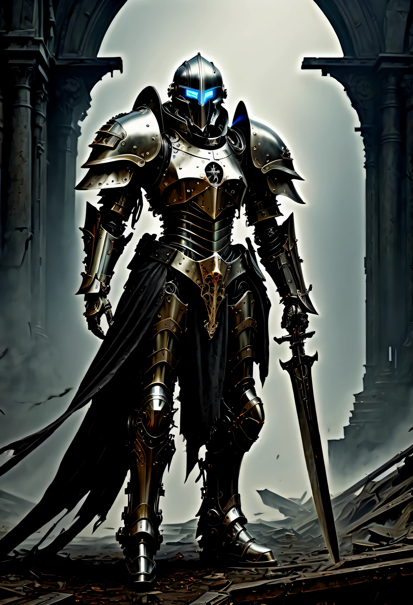 (((perfectly made、Beautiful mechanical warrior:1.3))), (((stunning mechanical armor:1.4))), (((optically glowing eyes:1.2))), In the wind, On a devastated battlefield, The presence of the god of death hangs heavily in the air., intricate details, Stylish and delicate brush strokes, Perfect skin makes you a warrior, Cool, stylish essence and complexity, Top quality full body shots, Like an illustration photo, Immerse yourself in a steampunk world of visually descriptive details, Impeccable artwork and top-quality execution raise the bar, sickle ready, Mastery and Attention Shoulder Shield Details, A rippling tattered cloak, Added dark fantasy elements, Backgrounds full of unforgettable details, The destruction and despair that occurred, A dark and chilling picture, (The essence of death and desolation and the gloomy atmosphere:1.1), A hauntingly beautiful depiction of the aftermath of war.,