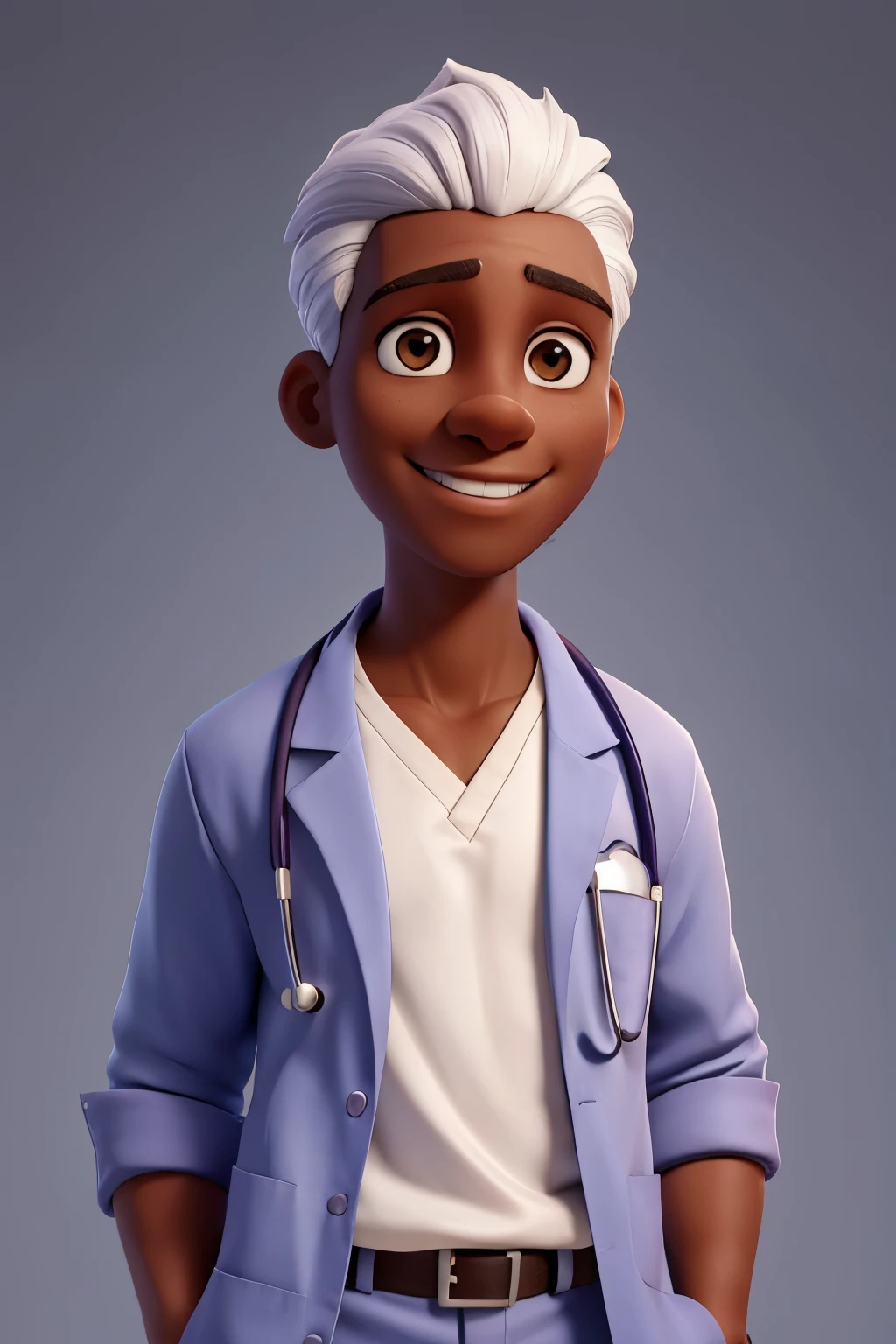 portrait photo of a doctor, non-binary, androgynous, dark skin, 50, well lit, bright white background, medium shot, front on, looking at camera, smiling, professional, old, wise