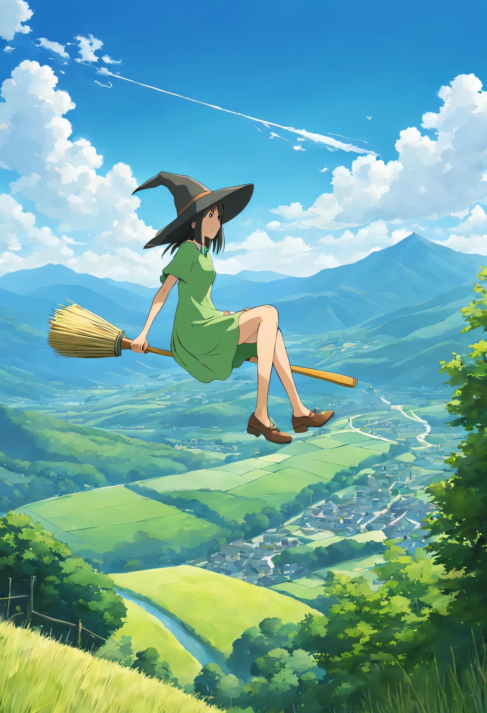 ((((Flying Witch))),((Hold the broom between your inner thighs:magic:rides:Flight)),Sit on a broom,Ride a broom,Straddling a broom,fantasy,beautiful light and shadow,be familiar with,((landscape:blue sky:summer)),A fresh green mountain below々,summerの日差し,anatomically correct,masterpiece