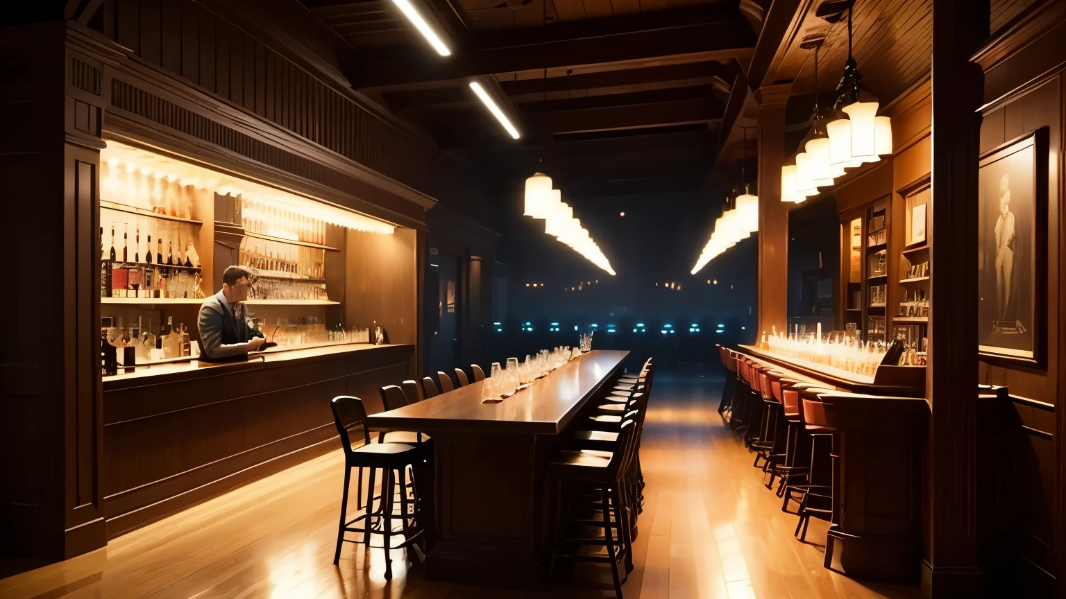 Flair Cocktail Bar Antiques, no signs, no text, lots of trees, and ((ステージandマイク)), At night, Low illumination, There are no people, light fog, overhead lighting stage, concept art, American Propaganda Posters, movie lighting, f/16, 16k