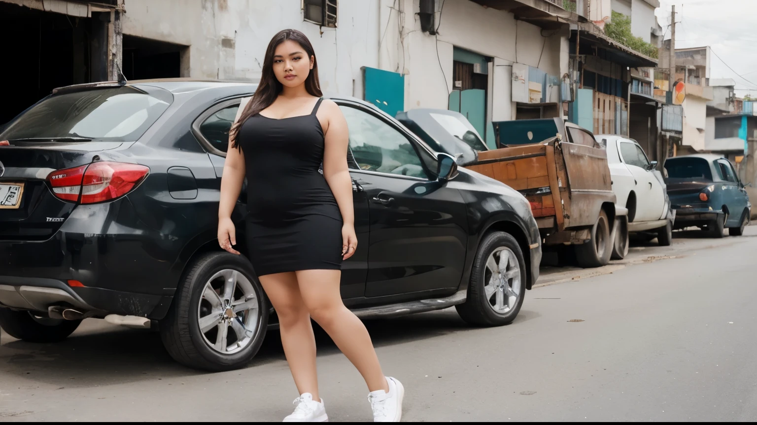 Ultra detail, masterpiece A curvy woman from indonesia, wearing black dress with white sneakers, photoshot in emty street with junk car around her, 8K, 