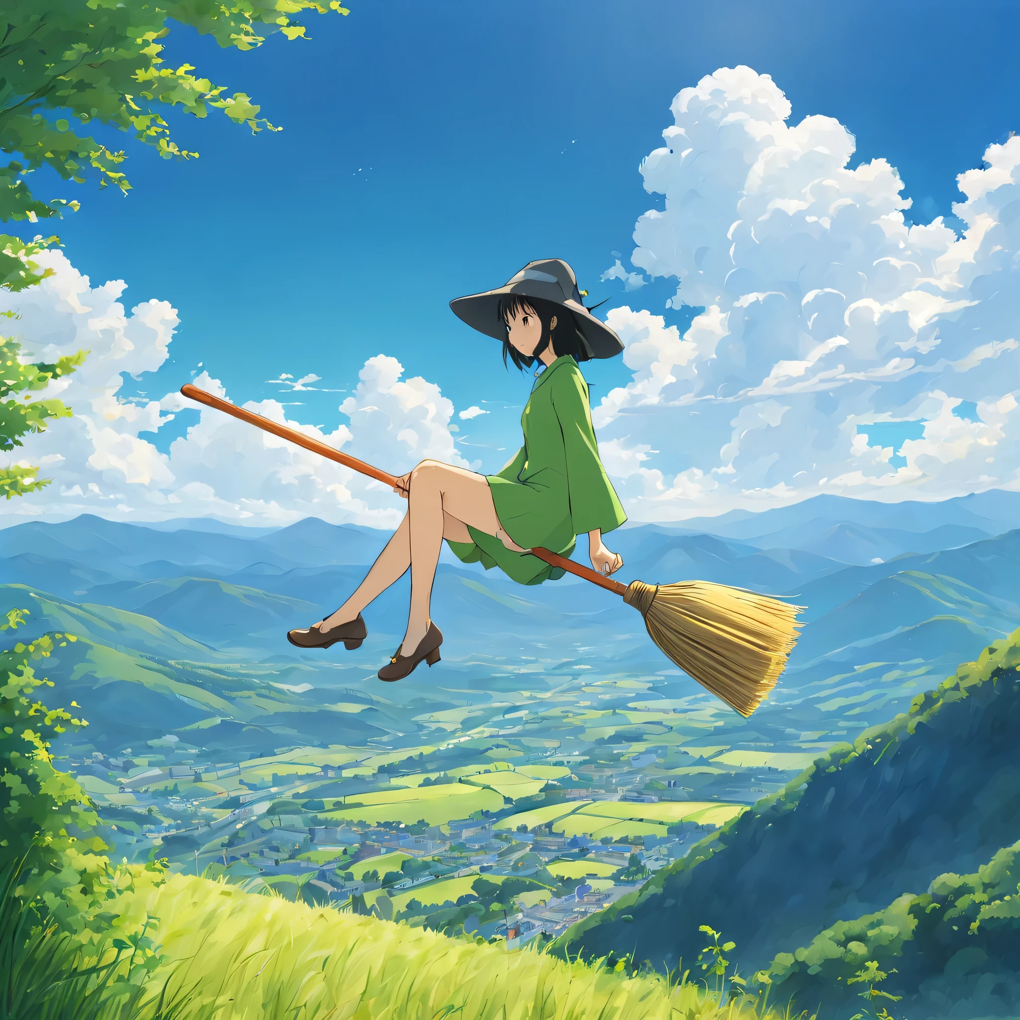 ((((Flying Witch))),((Hold the broom between your inner thighs:magic:rides:Flight)),Sit on a broom,Ride a broom,Straddling a broom,fantasy,beautiful light and shadow,be familiar with,((landscape:blue sky:summer)),A fresh green mountain below々,summerの日差し,anatomically correct,masterpiece