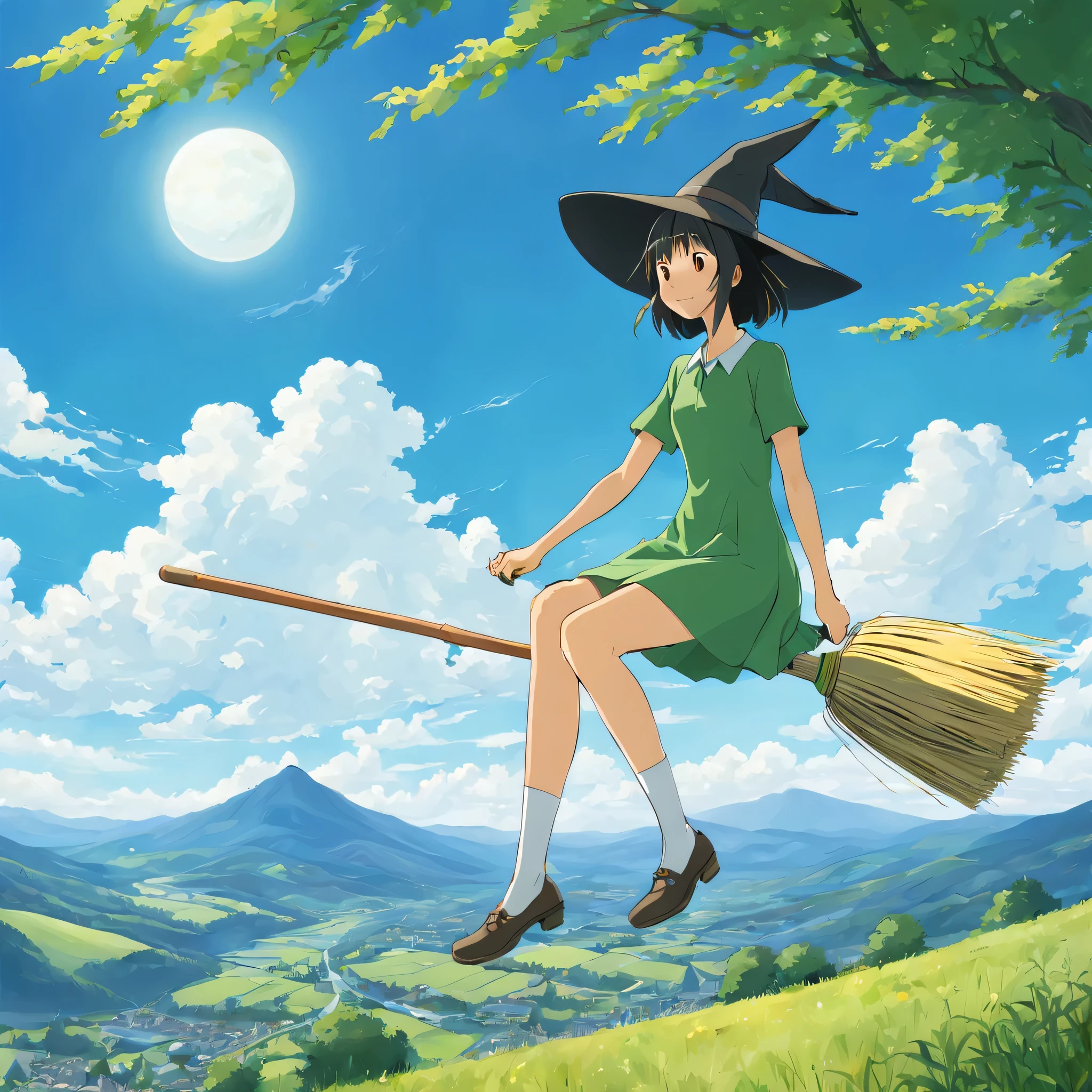 ((((Flying Witch))),((Hold the broom between your inner thighs:magic:rides:Flight)),Sit on a broom,Ride a broom,Straddling a broom,fantasy,beautiful light and shadow,be familiar with,((landscape:blue sky:summer)),A fresh green mountain below々,summerの日差し,anatomically correct,masterpiece