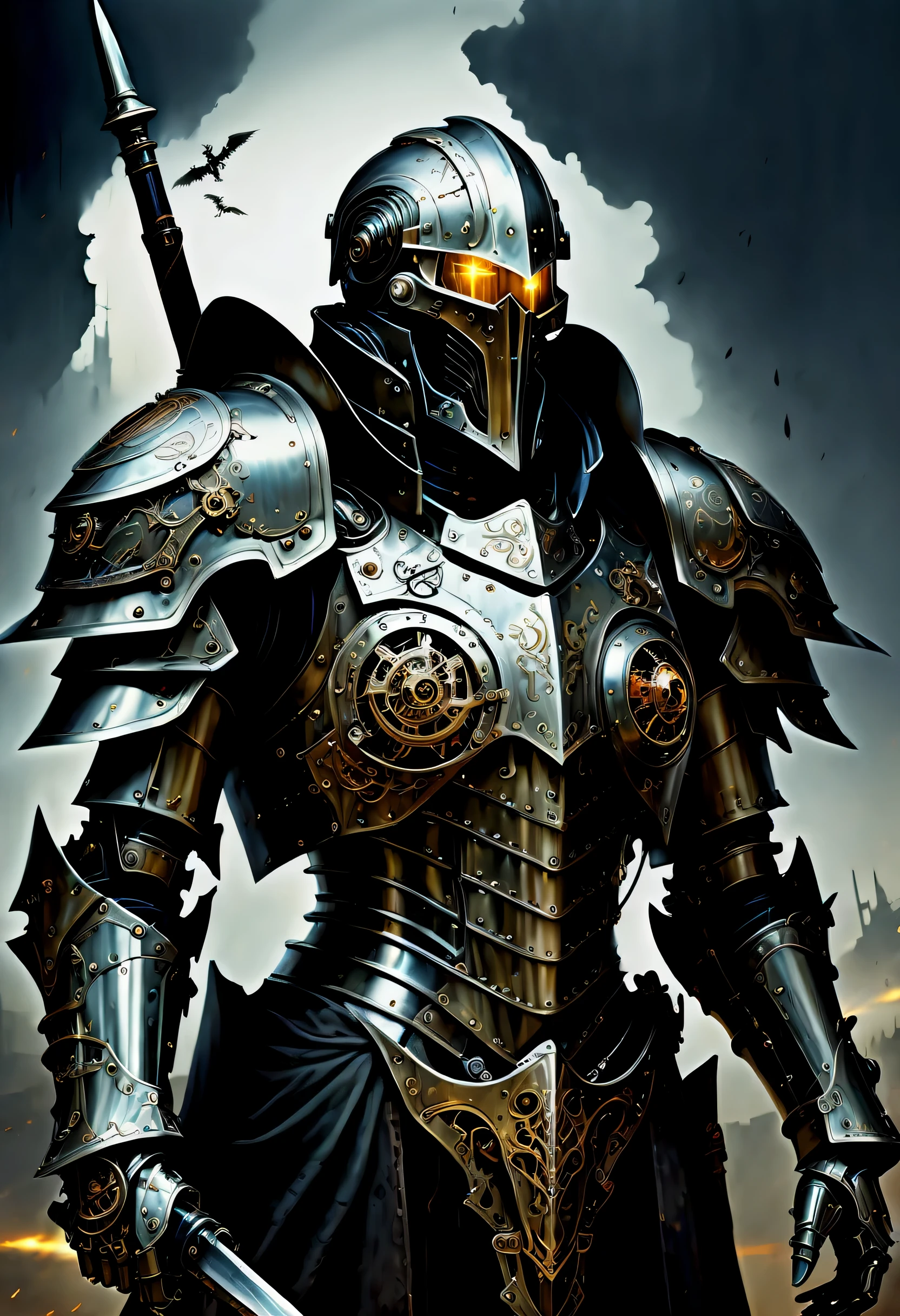 (((perfectly made、Beautiful mechanical warrior:1.3))), (((stunning mechanical armor:1.4))), (((optically glowing eyes:1.2))), In the wind, On a devastated battlefield, The presence of the god of death hangs heavily in the air., intricate details, Stylish and delicate brush strokes, Perfect skin makes you a warrior, Cool, stylish essence and complexity, Top quality full body shots, Like an illustration photo, Immerse yourself in a steampunk world of visually descriptive details, Impeccable artwork and top-quality execution raise the bar, sickle ready, Mastery and Attention Shoulder Shield Details, A rippling tattered cloak, Added dark fantasy elements, Backgrounds full of unforgettable details, The destruction and despair that occurred, A dark and chilling picture, (The essence of death and desolation and the gloomy atmosphere:1.1), A hauntingly beautiful depiction of the aftermath of war.,