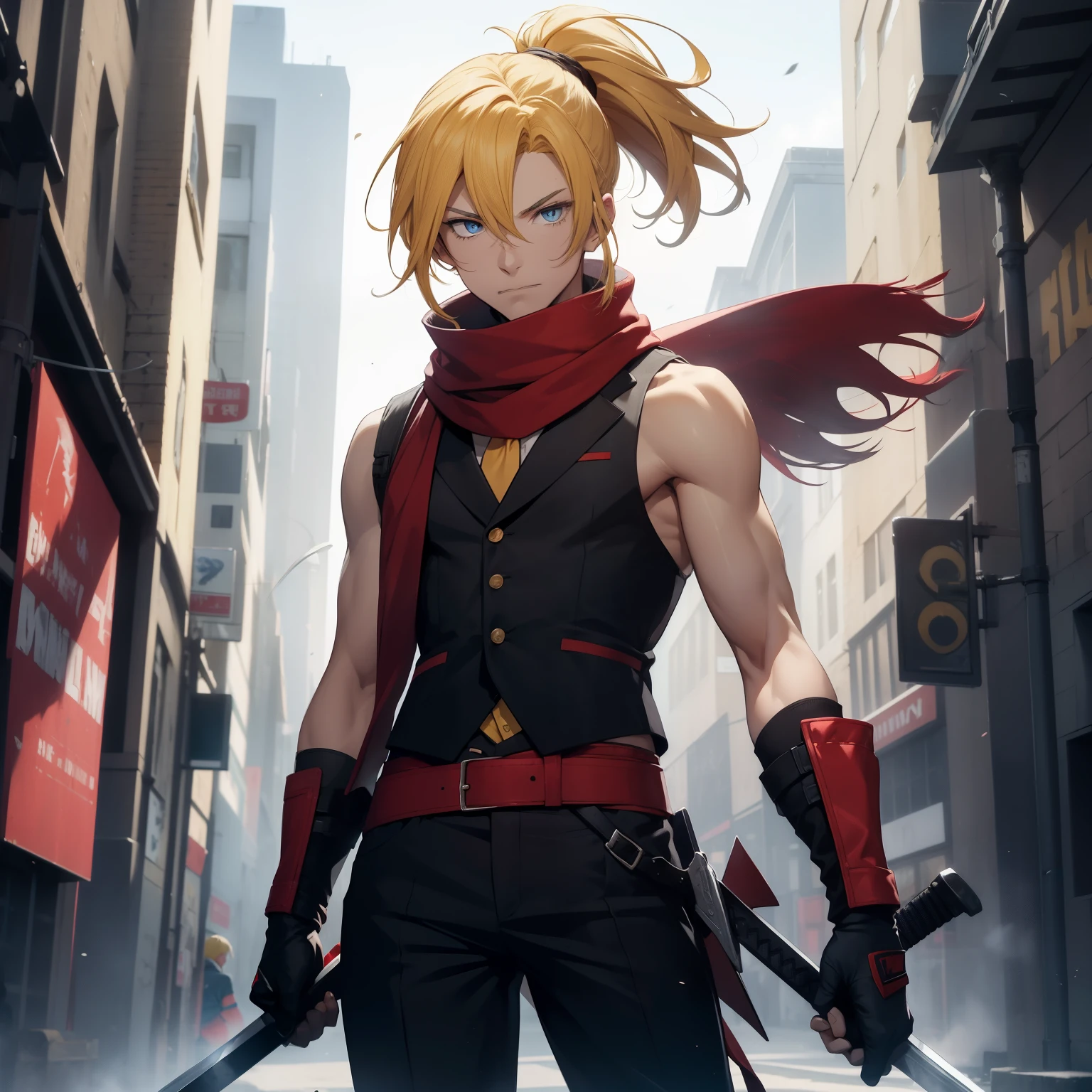 (26 years old), (male), Yellow hair, (Blue eyes), (Tied back ponytail), red scarf, red vest, sleeveless, black pants, black gloves, slim, up to legs, wielding Sword