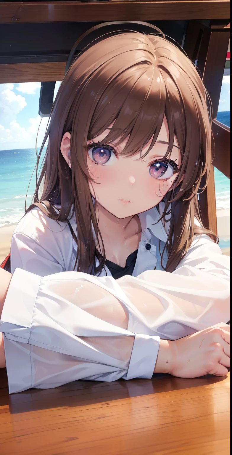 Super detailed, high resolution, (actual, lifelike: 1.4), 8k, original photo, (on the table), (best quality), Physically based rendering, college girl, long brown hair, South Korea, beach, Unbutton your socks and look at them_white_shirt,Wet da