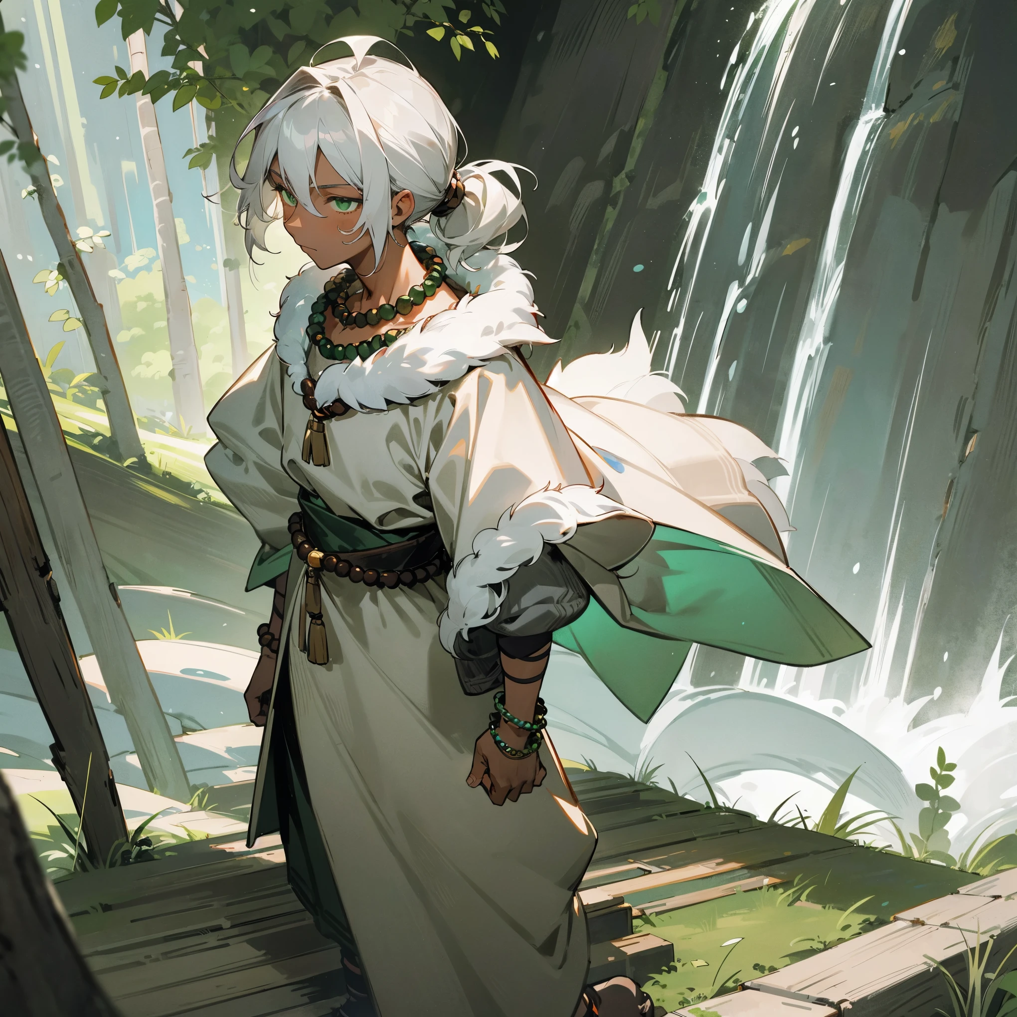 1male, young adult, dark skin, short wavy low ponytail, pale grey colored hair, finely detailed green eyes, peasant clothes, fur poncho, bandages wrapped around arms, peasant clothing, warrior, prayer bead bracelet, prayer bead necklace, shoulder armor piece, forest, grotto, waterfall, small shrine, walking down path