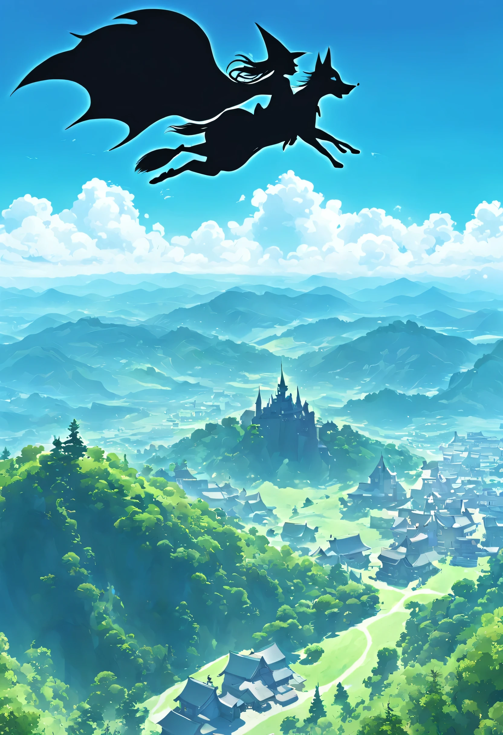 ((landscape:blue sky:summer)),((((Flying Witch)))),((Boom:魔法のBoom:rides:Flight)),Boomに座る,Boomに乗る,Flightrace,fantasy,beautiful light and shadow,be familiar with,A fresh green mountain below々,summerの日差し