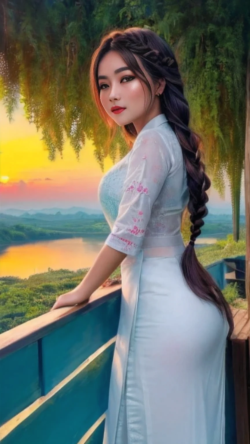 (best quality,8k,ultra detailed, top quality,masterpiece:1.2), A vibrant painting of a breathtakingly beautiful Myanmar lady with long, dark hair woven into intricate braids, surrounded by lush green landscapes and vibrant sunsets. Her eyes, filled with curiosity and wonder, gaze out at the endless horizon, capturing the spirit of adventure and the beauty of her homeland.