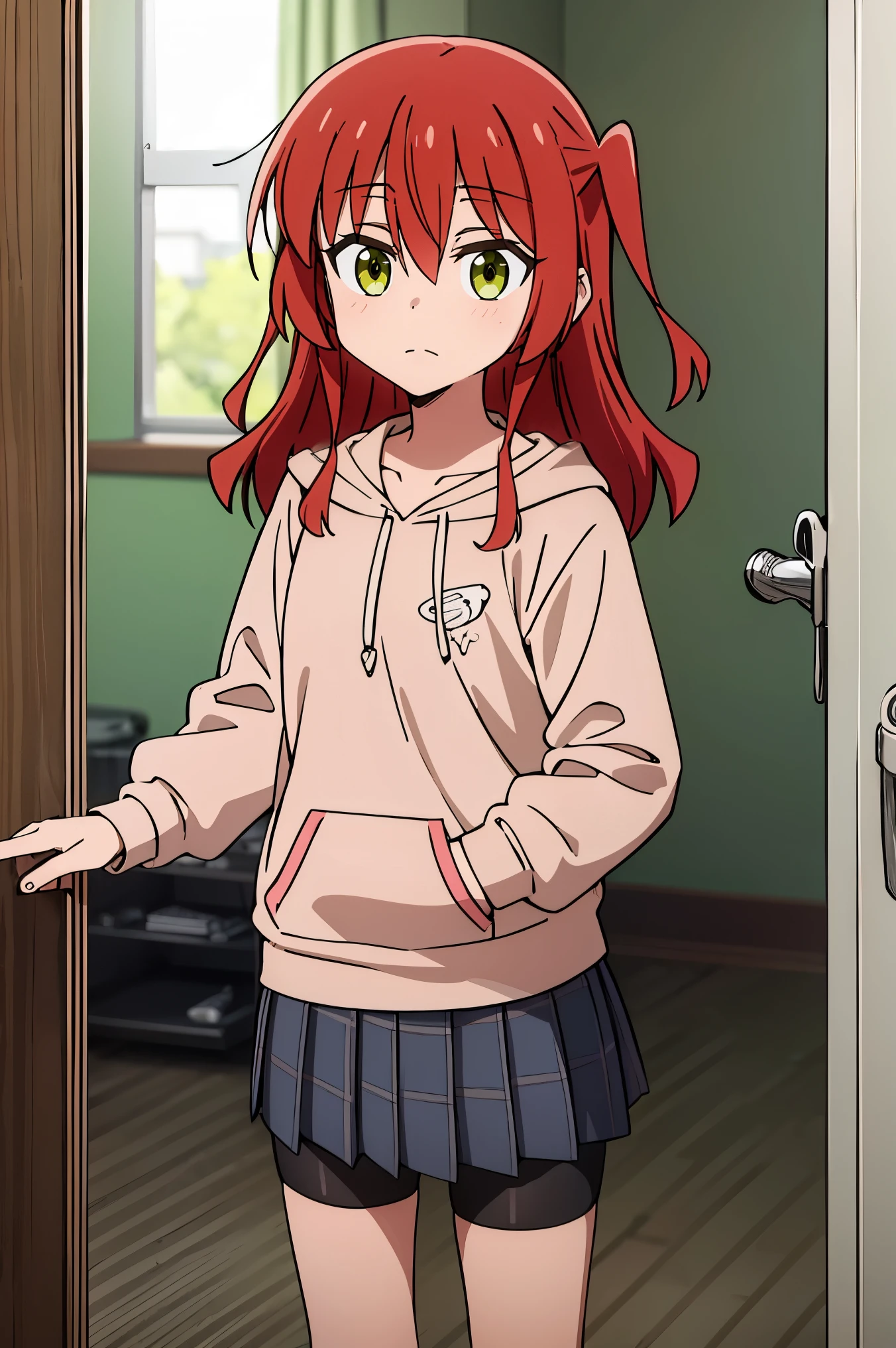 1 girl, hdr, ikuyo kita, red hair, one side up, long hair, green eyes, hoodie, pink hoodie, long sleeves, grey skirt, plaid skirt, bike shorts, standing, open mouth, looking at viewers, room, indoors, bike shorts under skirt,
