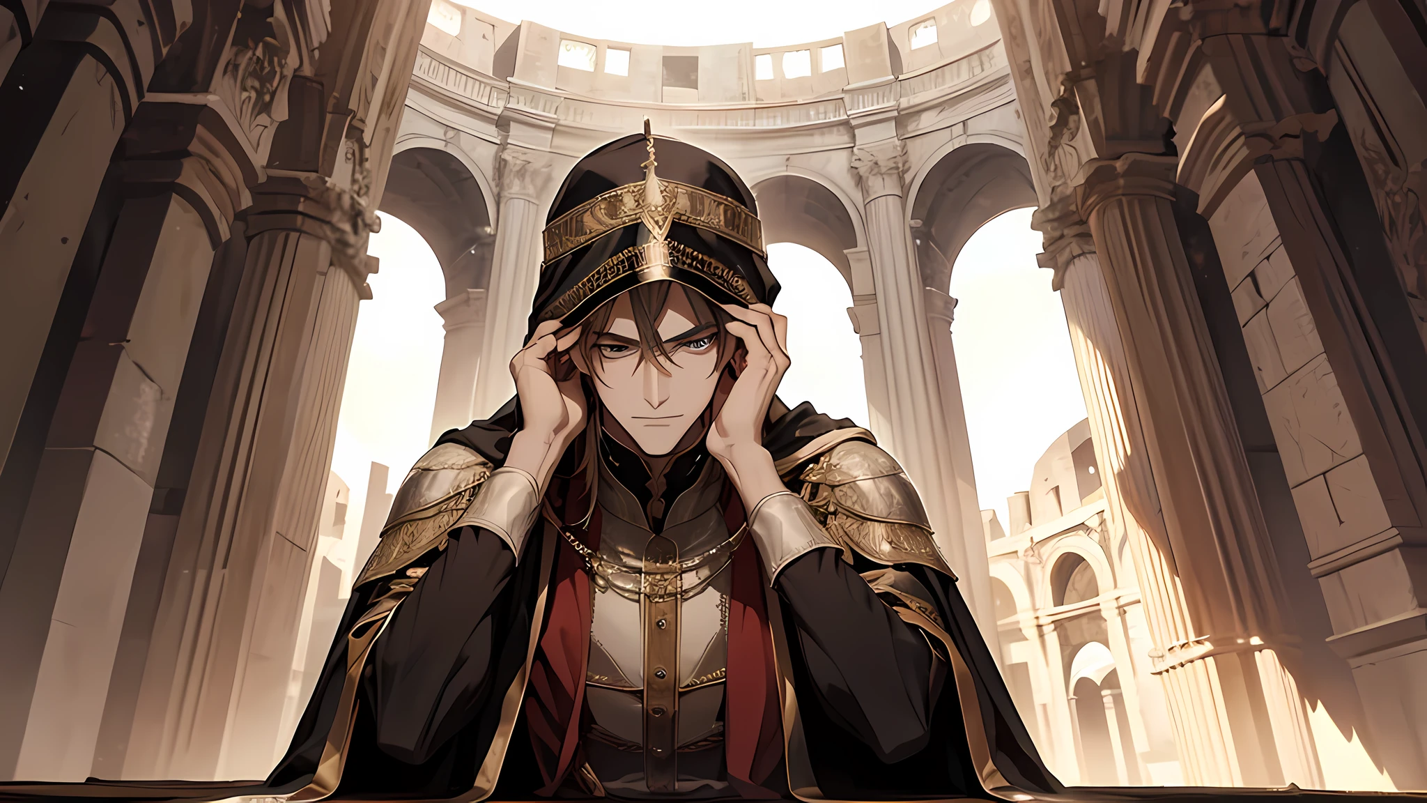 the young man resting his chin on his hands, the man is wearing a cape covering his head, talking something, watching gladiator, in colloseum, medieval times, detailed face, detailed nose, detailed eyes, who was sitting in one of the grandstands among the front row seats. High pillars, which rose from the corners in the left and right, supported a roof that covered the stand.