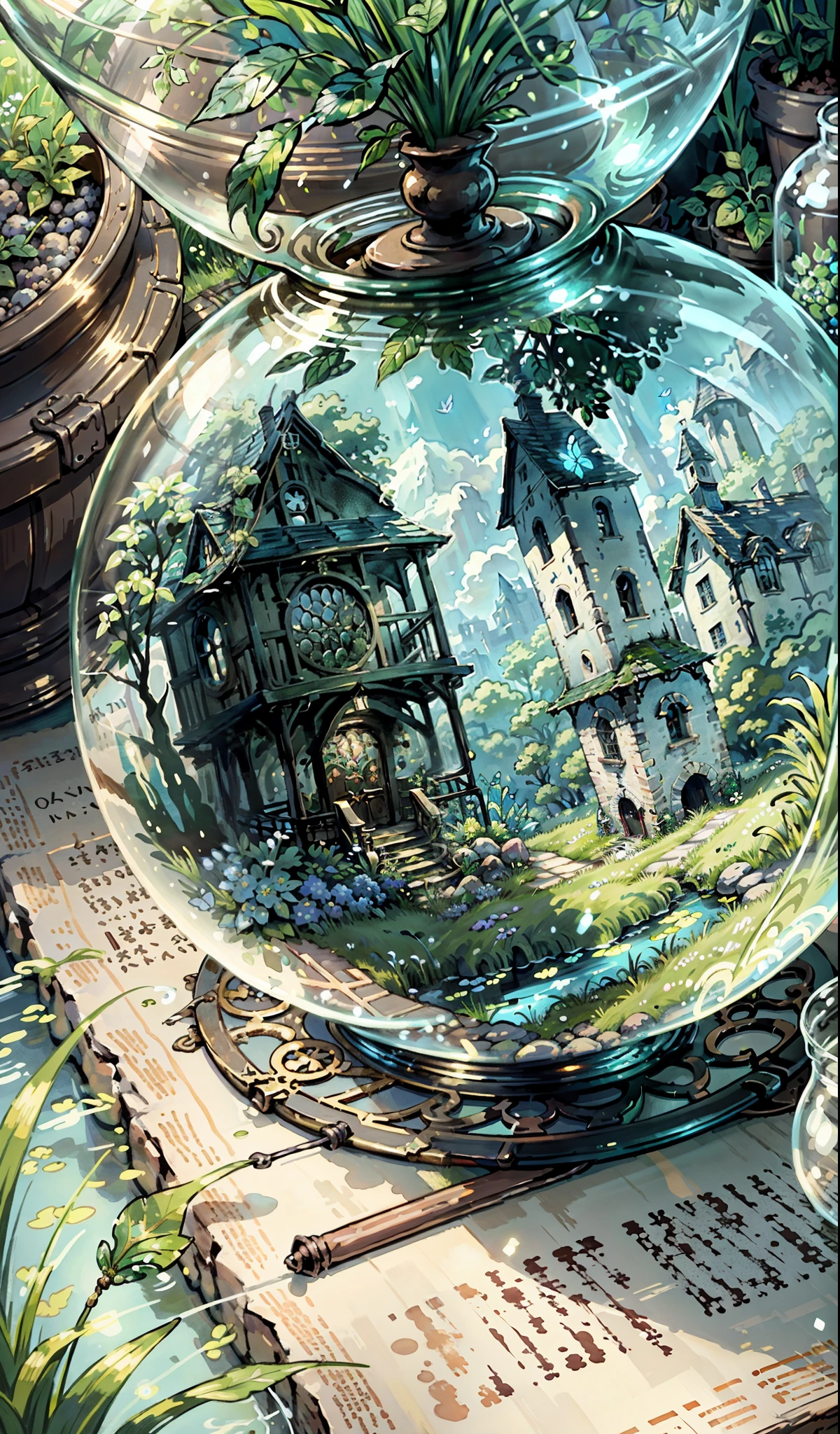 (masterpiece, highest quality:1.2), (Super detailed),(figure), wallpaper, original, Round bottom flask, Grass, vine, water, butterfly, nature, shining, wrapped in light, Terrarium, RPG style, Cartoonish, fantasy, mobile game,(shining)