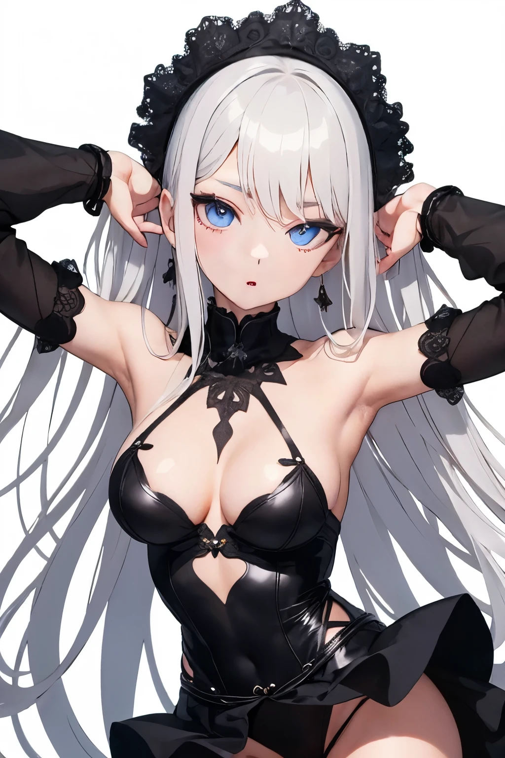 1girl, anime, cute girl, blank background, white background, fantasy, detailed dark fantasy dress with highlights, beautiful face, beautiful eyes, dark colors, silver hair, slightly small breasts, slight cleavage, beautiful skin, cute, breast curtains, extremely delicate and beautiful, (beautiful detailed face:1.0), (detailed deep eyes), symmetrical breasts, deep eyes, shiny skin, portrait, slender waist, hips wider than shoulders, thighs, young girl, expressionless, luminous eyes, adorable,(Kpop idol),(aegyo sal:1),(Platinum blonde hair:1),((puffy eye)),Black panty,sexy posture,Superskirt, 超高分辨率,Black collar,