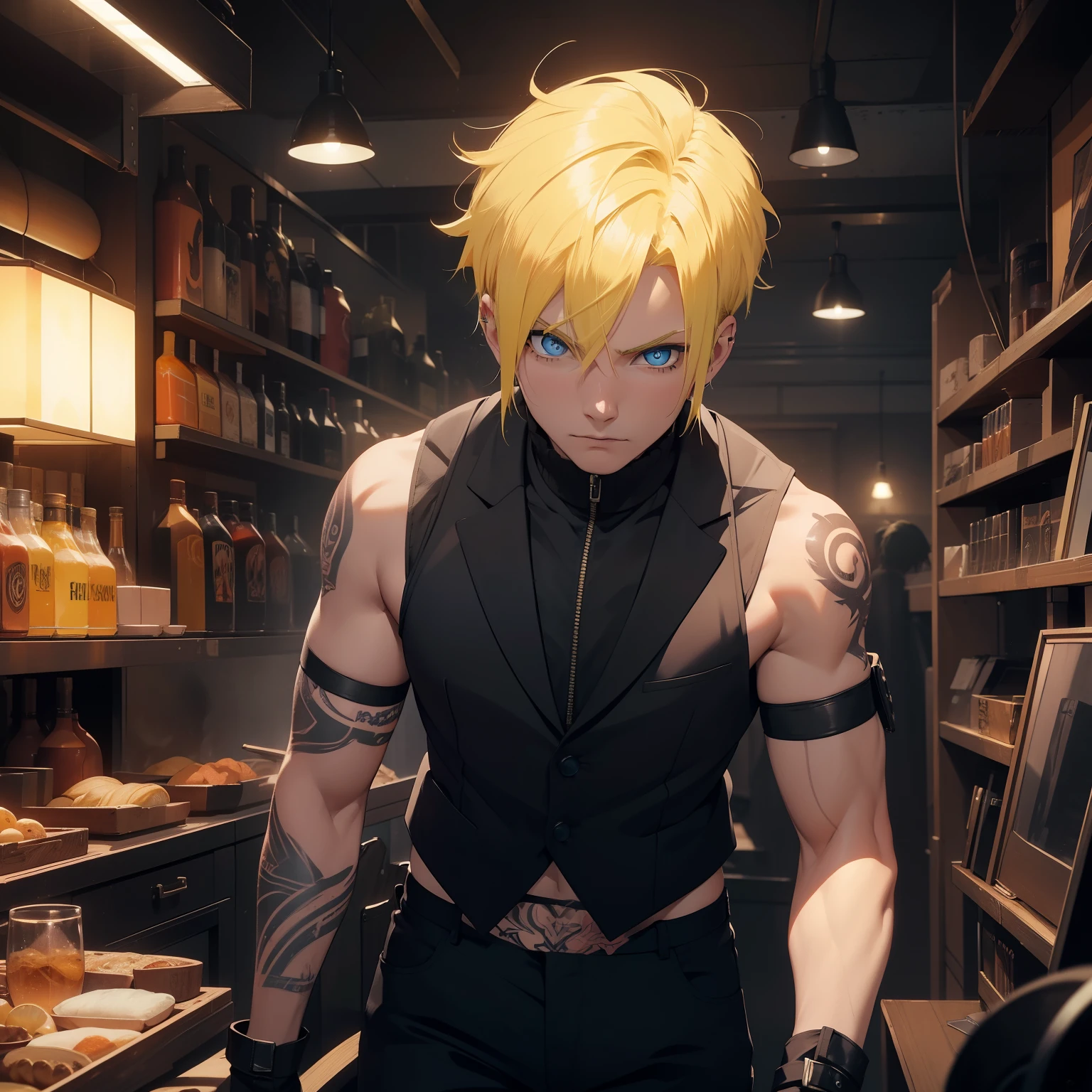 (26 years old), (male), Yellow hair, (Blue eyes), (wavy Short hair), (Tattoed Face), Black scarf, red vest, sleeveless, black pants, black gloves, slim, up to legs