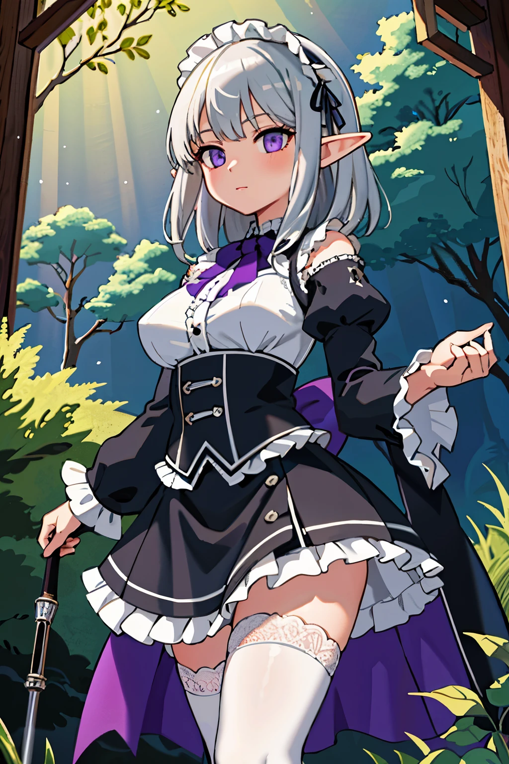 (masterpiece), best quality, high resolution, extremely detailed, detailed background, cinematic lighting, outdoor, 1girl, elf, medium hair, silver hair, crossed bangs, purple eyes, medium breasts, white shirt, black dress, drastic hair ornaments, skirt, frills, lace rims, frilled sleeves, frilled skirt, thighhigh, ankle boots,