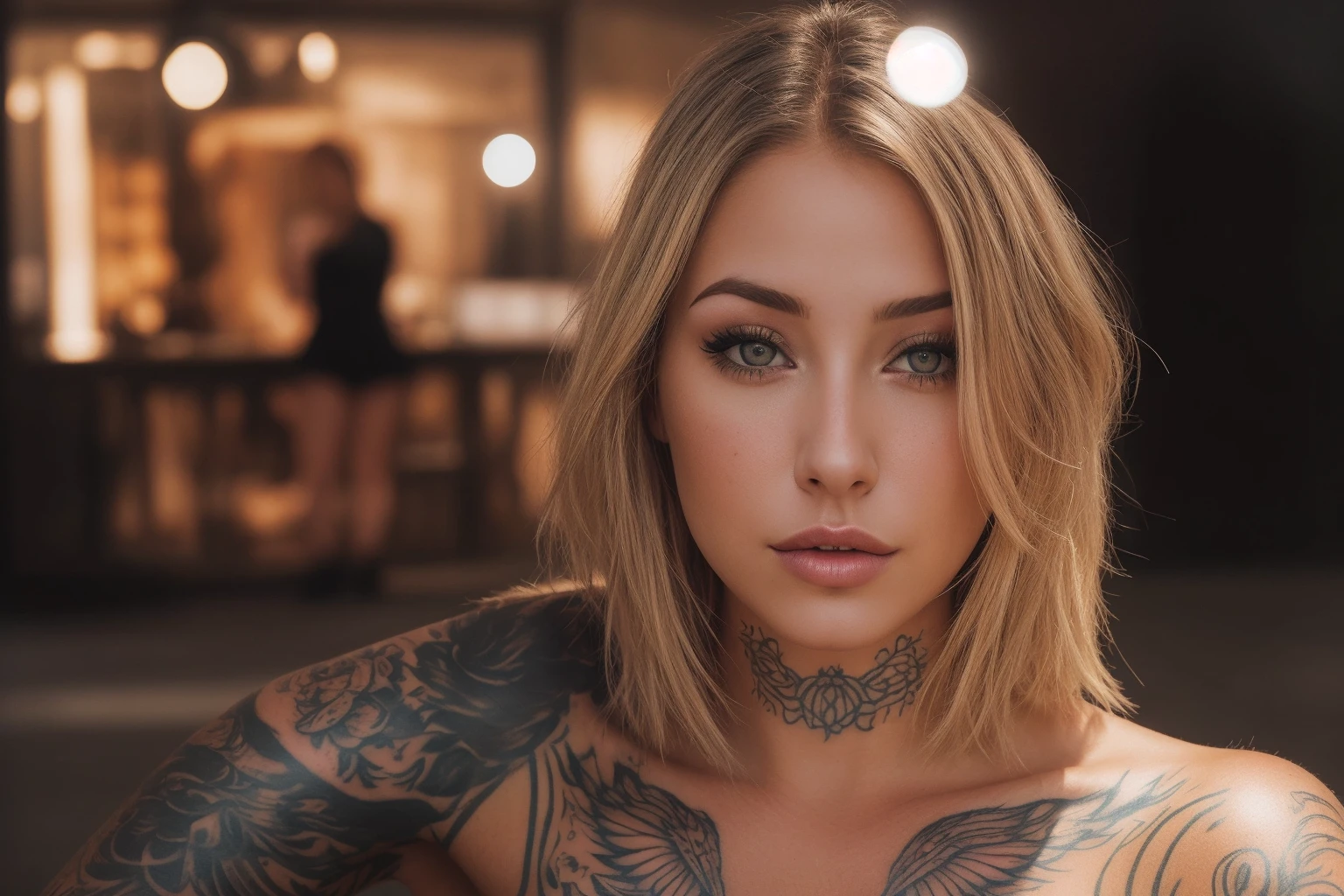 8k, ultra-realistic, Laurence Bedard, Instagram warrior, beautiful, female, totally naked, 1080pxX1048576px, full body image, short blonde hair, front facing, people in background, 8K, lights, peaceful, relaxed, (best quality, ultra-detailed, high resolution),(dynamic angle, dynamic lighting),(1 girl),(masterpiece, top quality, high quality, beautiful and aesthetic:1.2), (1girl:1.3), full body tattoos,