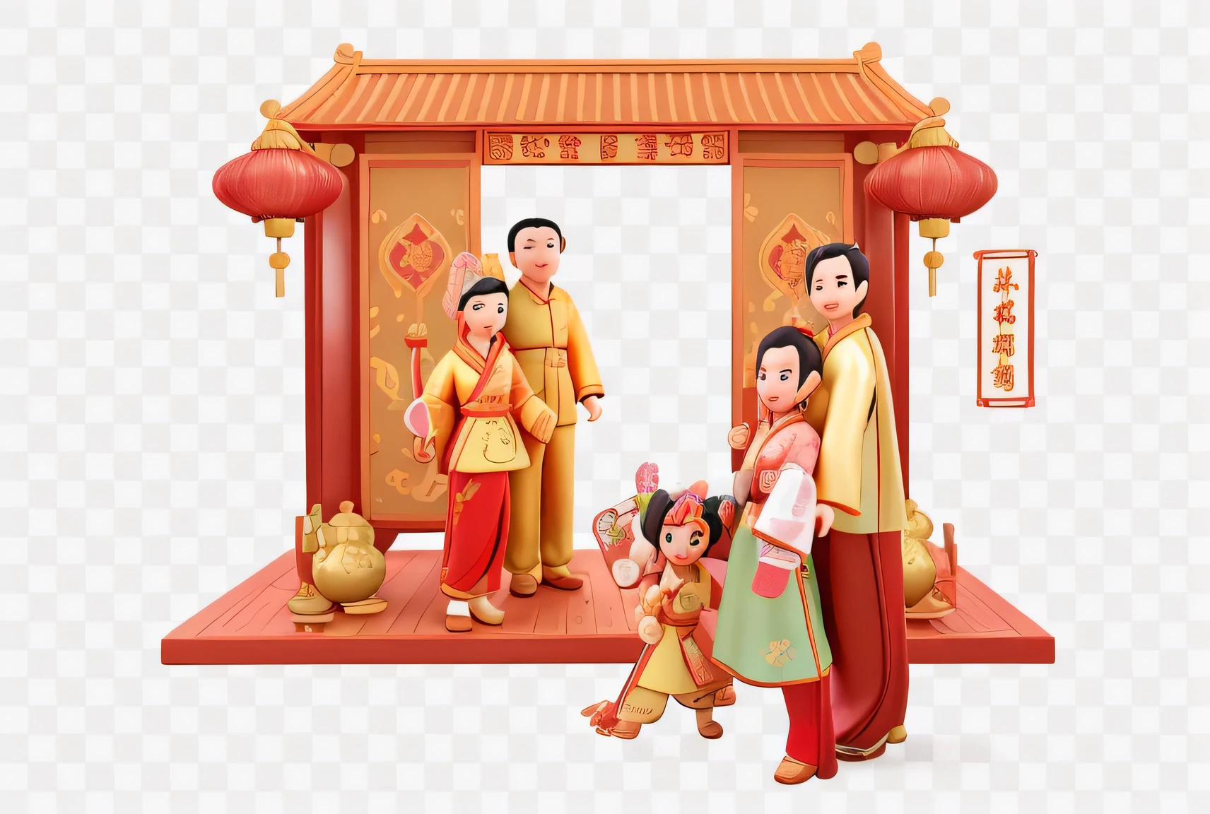 Family standing in front of Chinese temple,Holding a in his hand , traditional Chinese, give people gifts, happy, Chinese heritage, Celebrating Chinese New Year in Shanghai, exciting illustration, traditional Chinese clothing, Chinese style, Paired with ancient Chinese costumes, Warm and joyful atmosphere