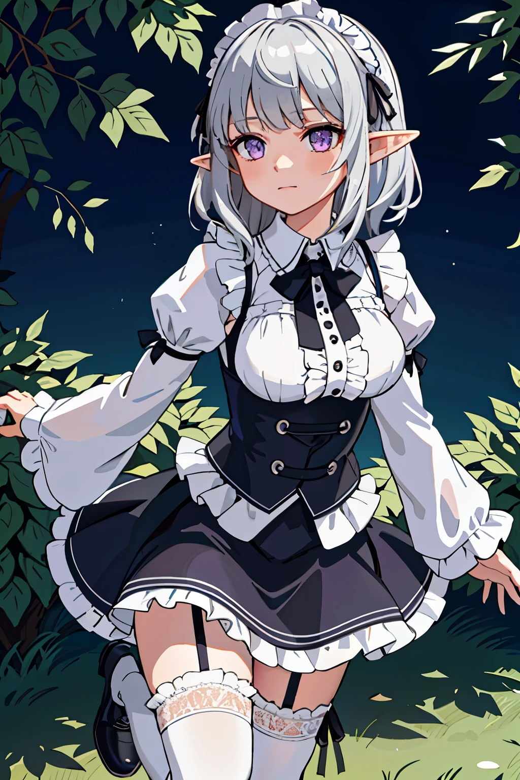 (masterpiece), best quality, high resolution, extremely detailed, detailed background, cinematic lighting, outdoor, 1girl, elf, medium hair, silver hair, crossed bangs, purple eyes, medium breasts, white shirt, black dress, drastic hair ornaments, skirt, frills, lace rims, frilled sleeves, frilled skirt, thighhigh, ankle boots,