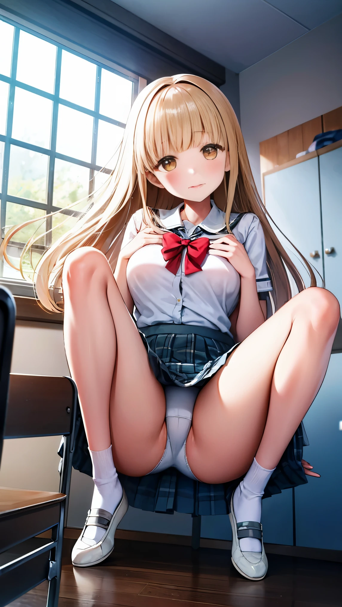 highest quality、one girl,full body figure、、big boobs、big 、Perfect five-finger、perfect legs、perfect legs、Mahiru Shiina、perfect thing、detailed description、small details、detailed face、mini skirt、plaid skirt、long hair、blonde、White panties、whitepanty、I can see your panties、school uniform、high school uniform、Skirt flip、lift skirt、classroom、M-shaped legs、erotic pose、summer clothes、White shirt、plaid skirt、shirt sleeves、white socks、Indoor shoes