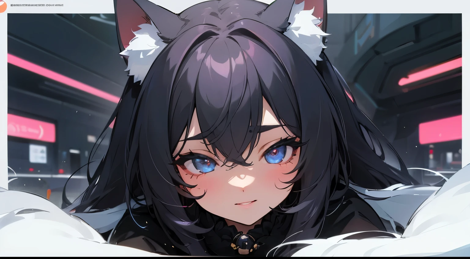 (hight resolution,Masterpiece:1.2),Vivid colors,beautiful detail eyes,beautiful detailed lips,long eyelashes,black coat,fluffy fur,cute expression,Feline Grace, sexy pose, half of body in shot,
Close camera, Futuristic city background, Neon