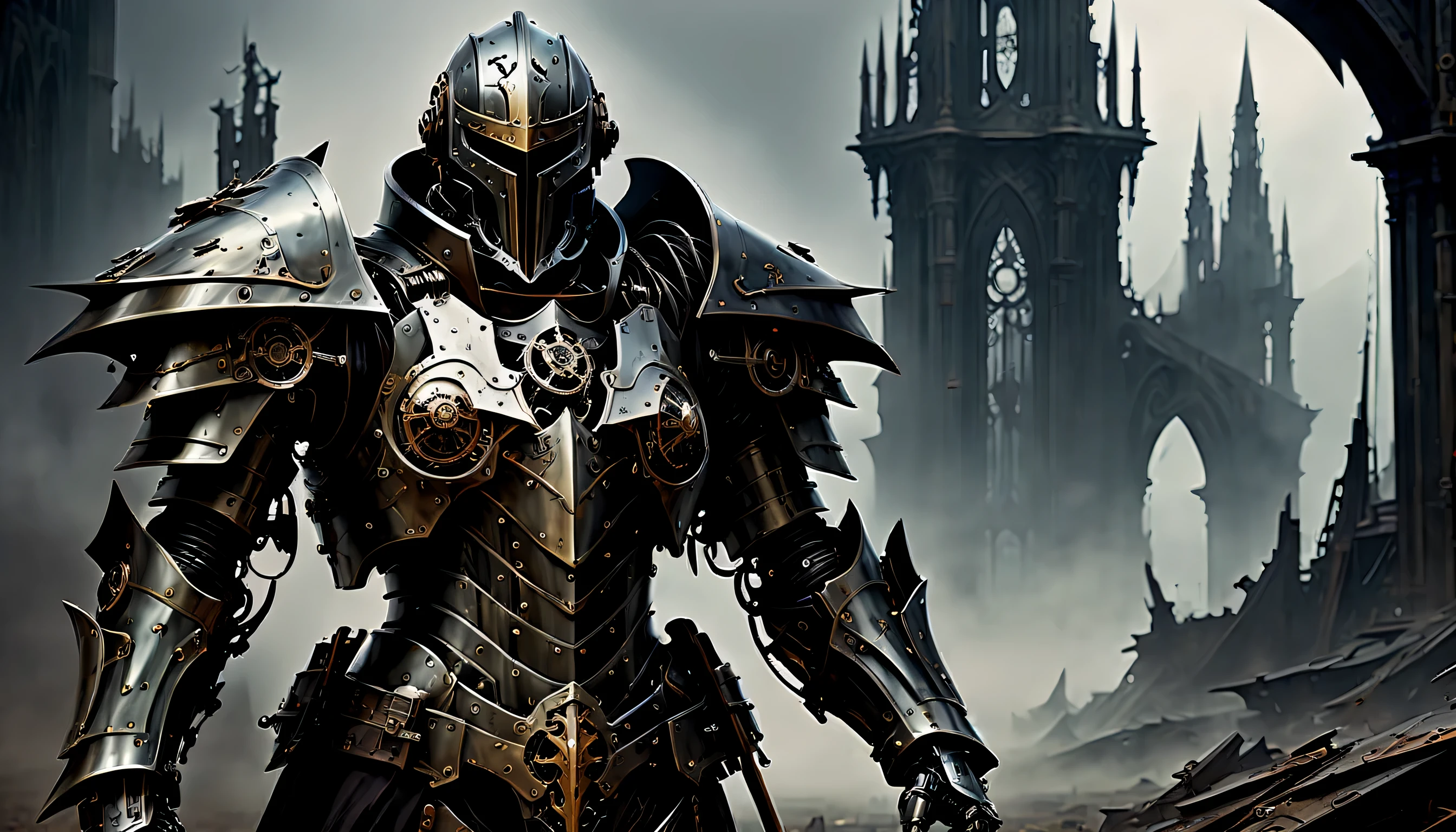 (((perfectly made、Beautiful mechanical warrior:1.3))), (((stunning mechanical armor:1.4))), In the wind, On a devastated battlefield, The presence of the god of death hangs heavily in the air., intricate details, Stylish and delicate brush strokes, Perfect skin makes you a warrior, Cool, stylish essence and complexity, Top quality full body shots, Like an illustration photo, Immerse yourself in a steampunk world of visually descriptive details, Impeccable artwork and top-quality execution raise the bar, sickle ready, Mastery and Attention Shoulder Shield Details, A rippling tattered cloak, Added dark fantasy elements, Backgrounds full of unforgettable details, The destruction and despair that occurred, A dark and chilling picture, (The essence of death and desolation and the gloomy atmosphere:1.1), A hauntingly beautiful depiction of the aftermath of war.,