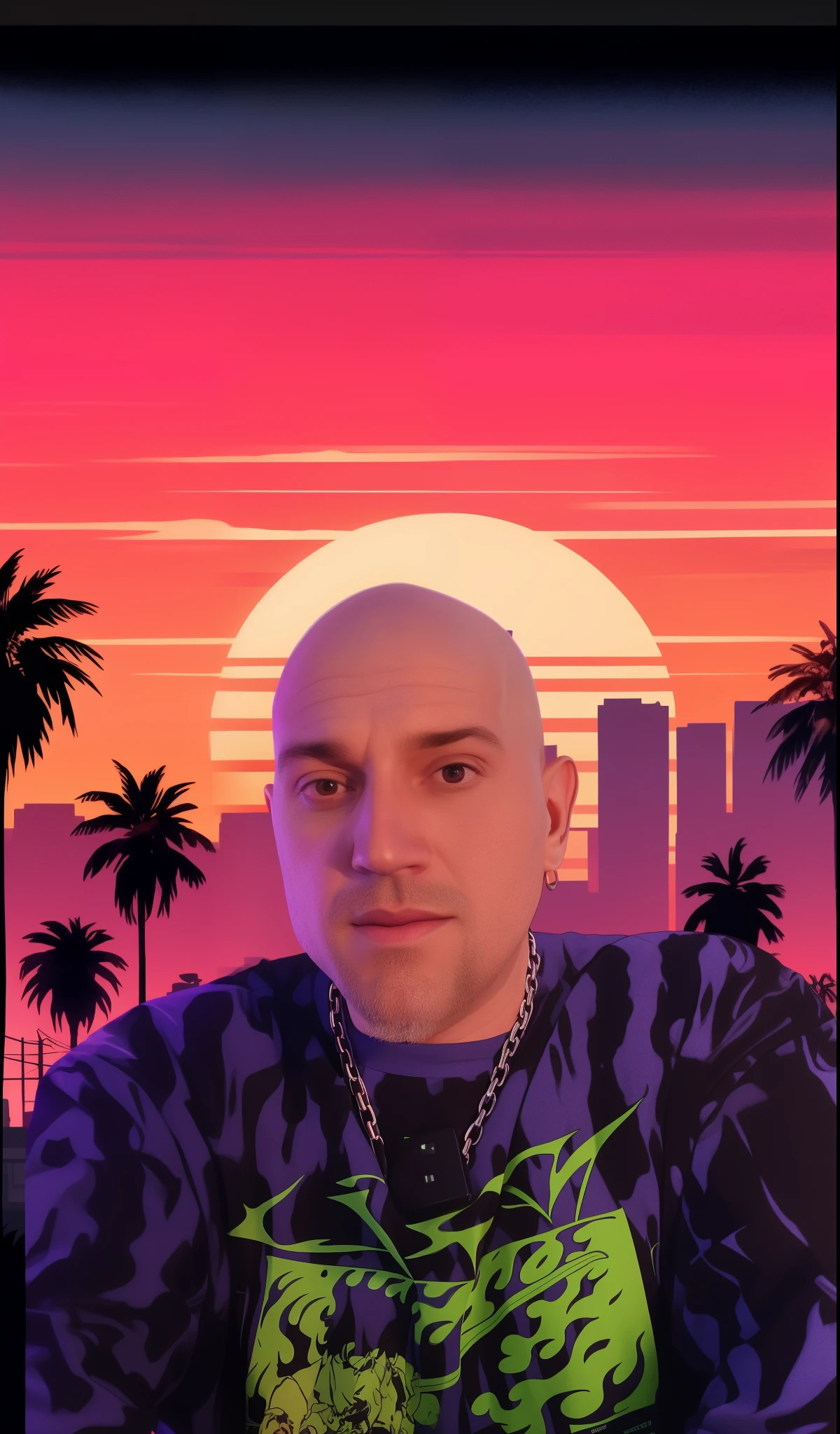 Arafed with a bald head and a green shirt sits in front of the sunset, Sunset in the background, miami synthwave, nft-portrait, Sunset in the background, profile picture, ( ( ( synthwave ) ) ), Marshall Mathers, sunset view, On the Sunset, Neon jungle, Sunset Time, MSXOTTO, a twitch streamer / gamer Ludwig