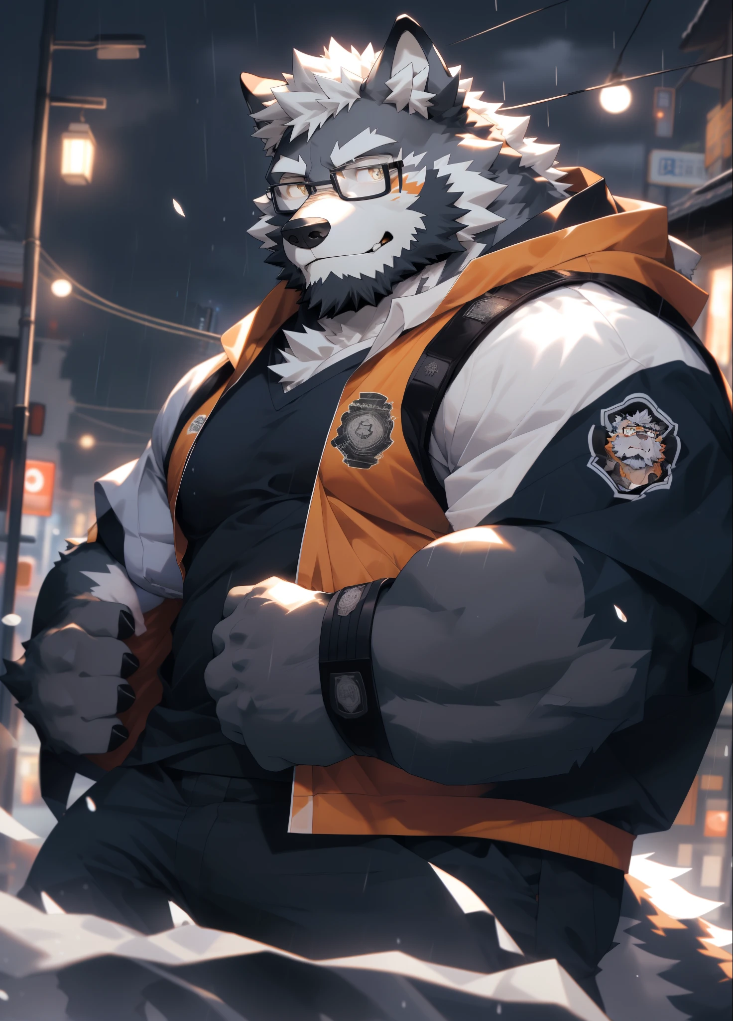 hairy，（Wolf，Black-rimmed glasses，Orange firefighter costume），beard，white fur，male，Common，full-body shot， dynamic poses，smirk，rainy day，night，dark night，Detailed background，极其lifelike阴影，masterpiece，Very detailed，lifelike
